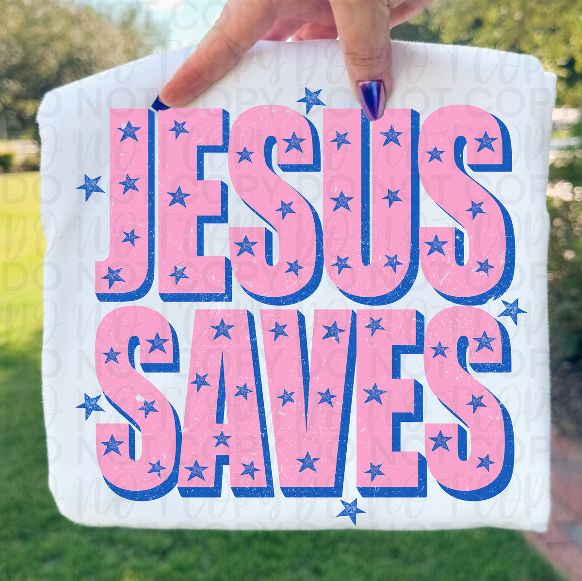 Jesus saves pink words blue stars (UAC) DTF Transfer