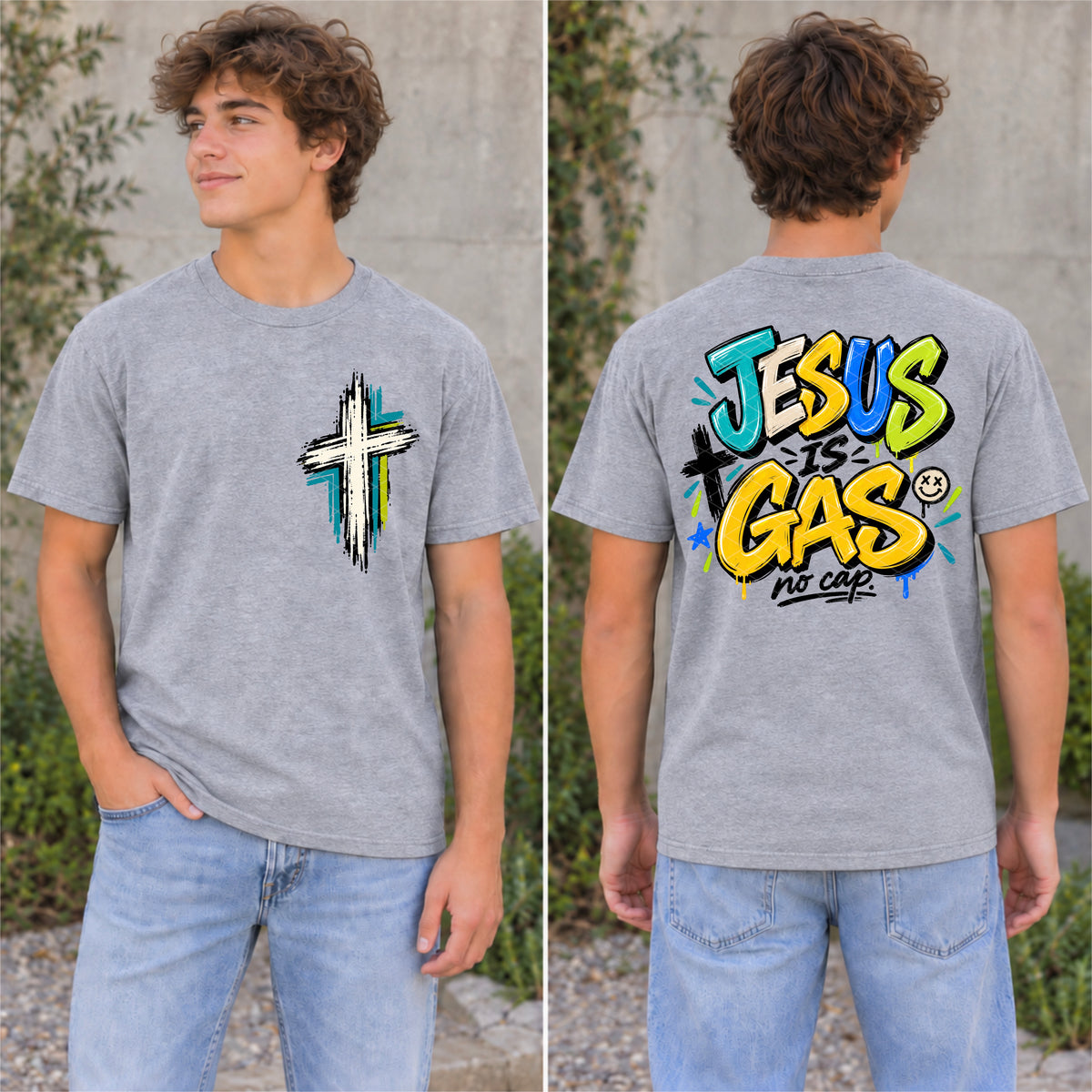 Jesus is gas no cap blue and yellow (BACK ONLY) (SDD) DTF Transfer
