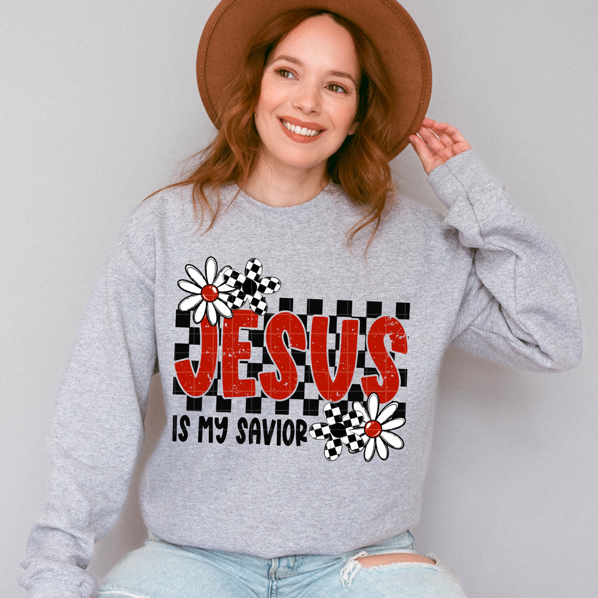 Jesus is my savior (red letters checkers and flowers) (SDD) DTF Transfer