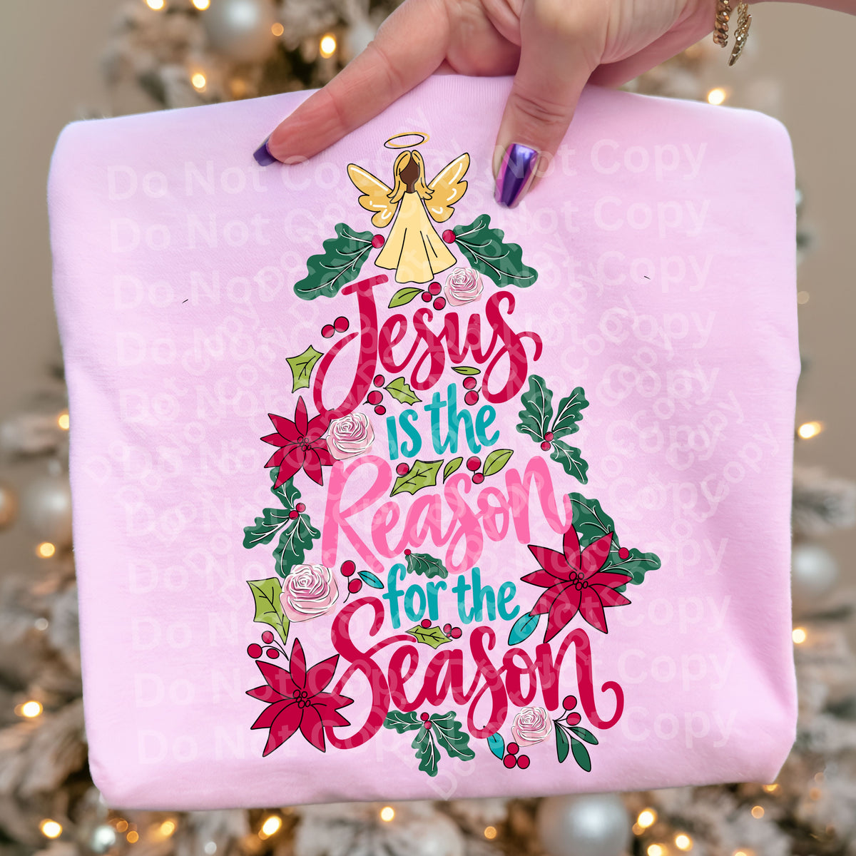 Jesus is the reason for the season shaped Christmas tree with angel on top (Irene) DTF Transfer