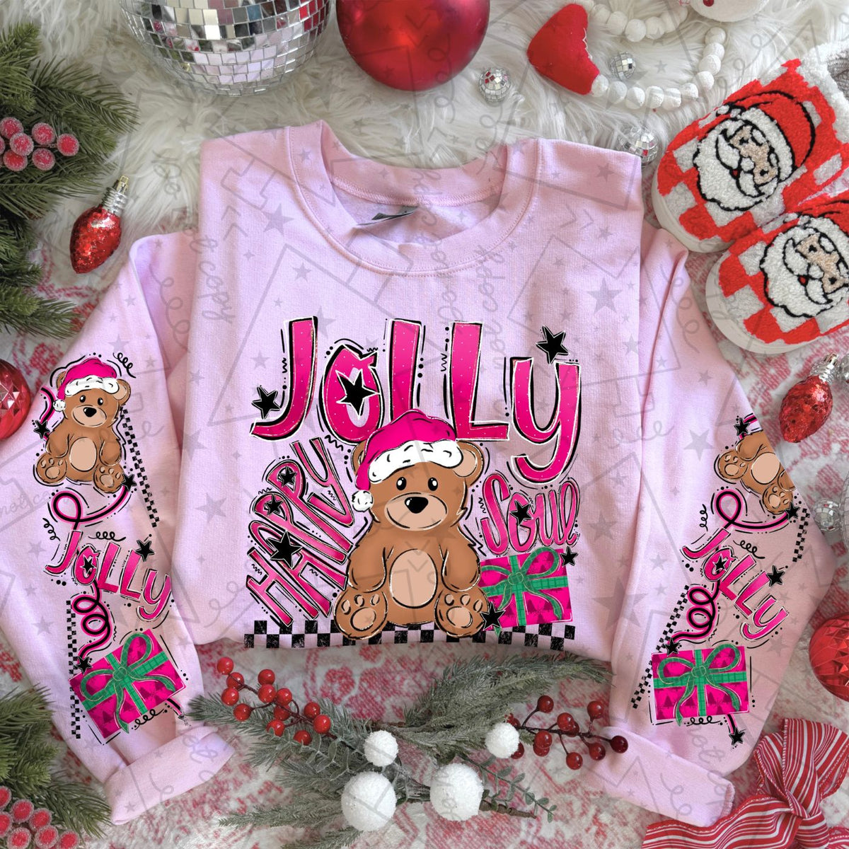 Jolly happy soul teddy bear with pink Santa hat (SLEEVE ONLY) (HW) DTF Transfer