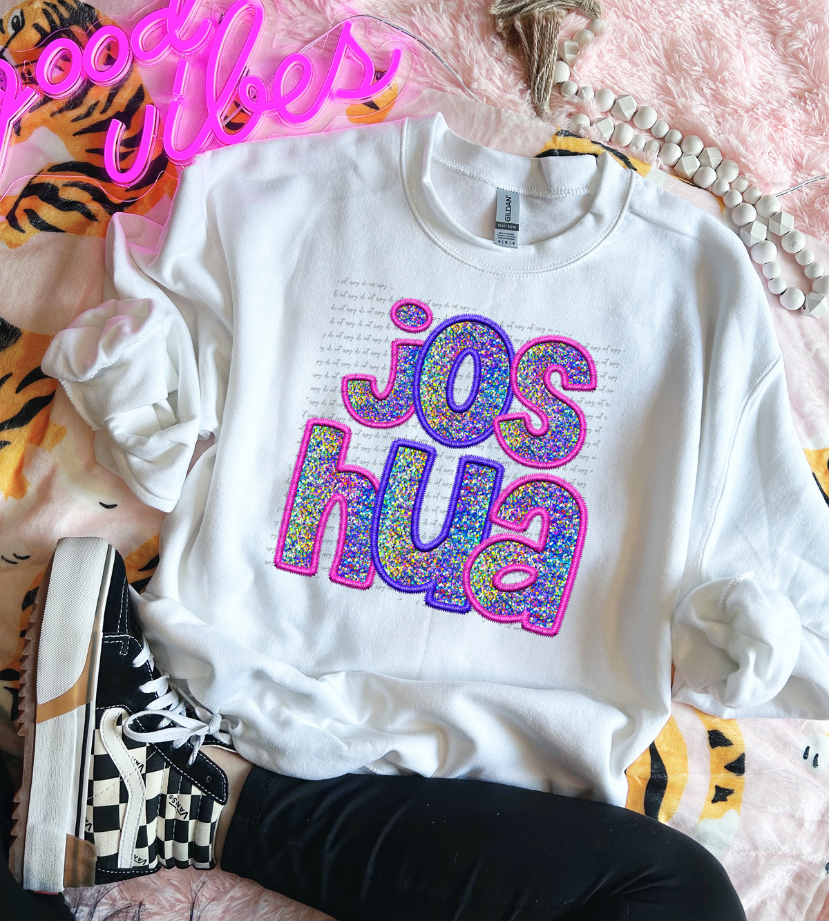 Joshua Faux Embroidery Pink Blue 76064 DTF Transfer