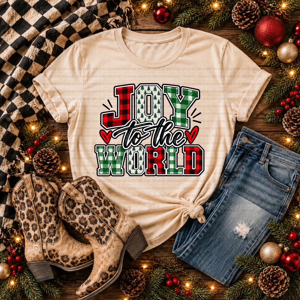 Joy to the World-Plaid and Tree Font (Revel) DTF Transfer