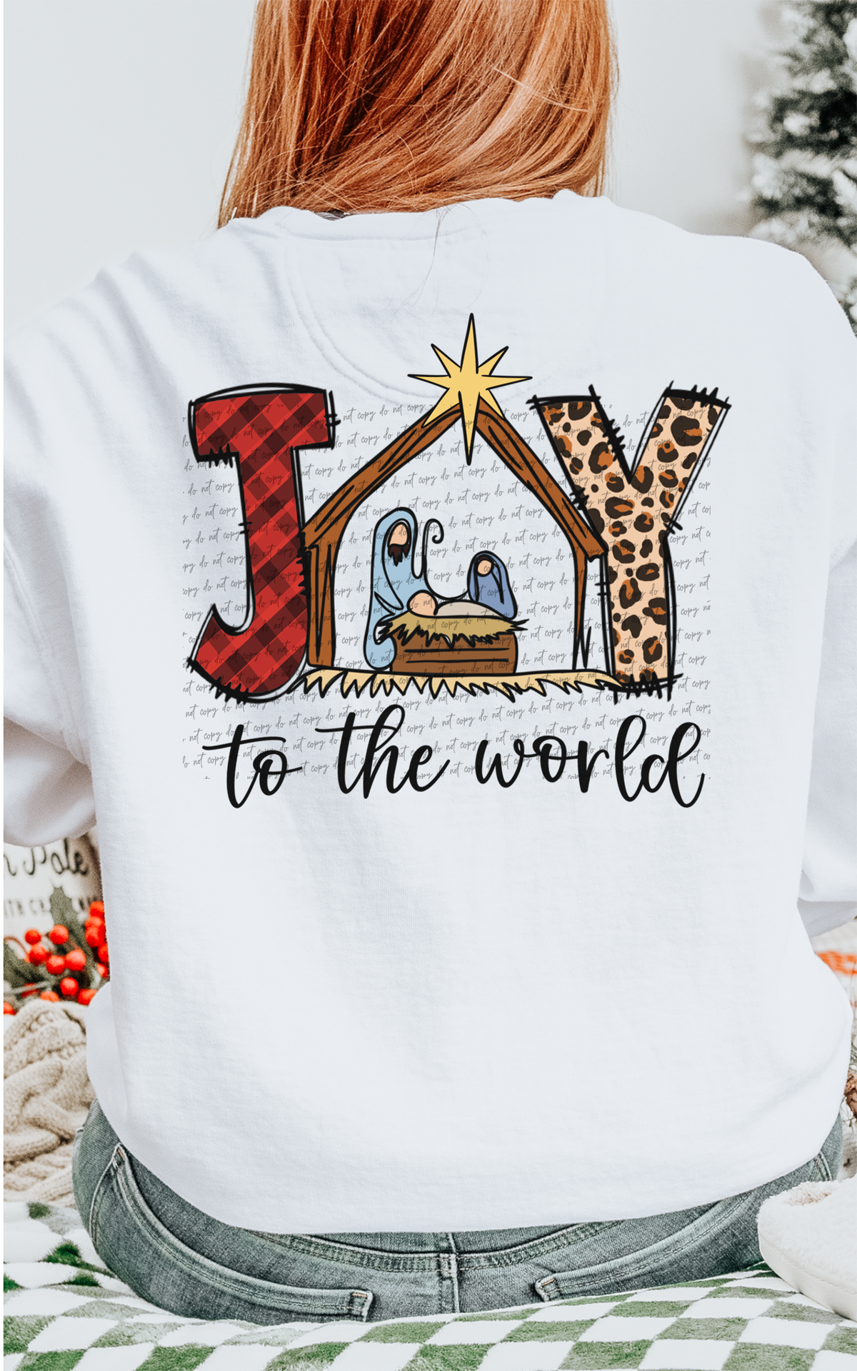 Joy To The World Manger Red Plaid Leopard (Back Print) 51464 DTF transfer