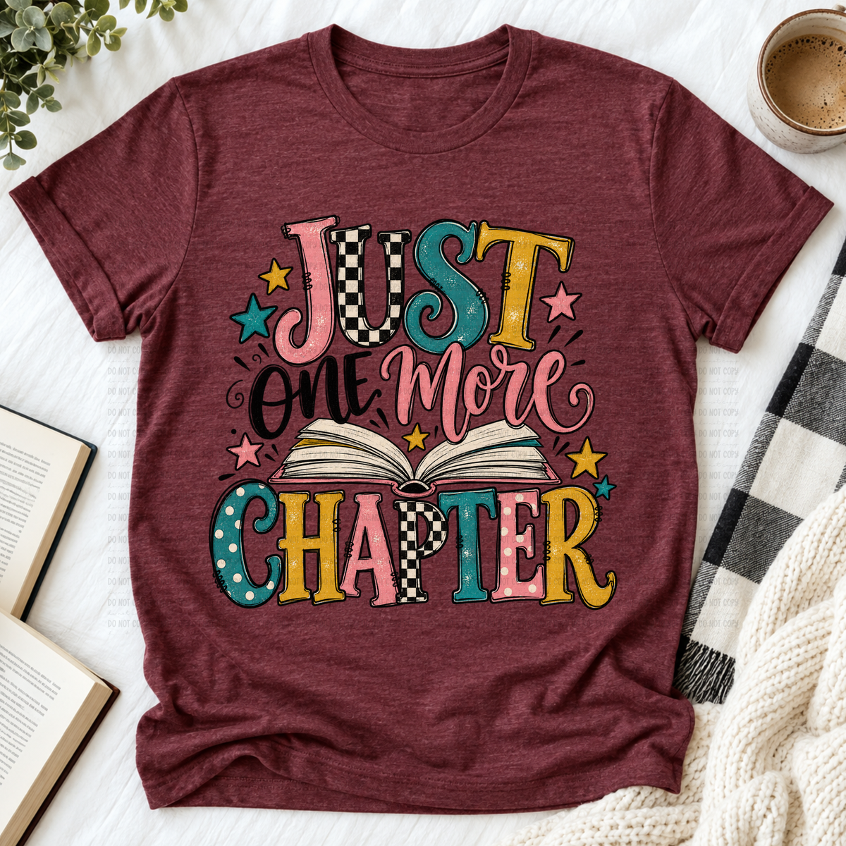 Just one more chapter open book pink checkered blue and yellow (Revel) DTF Transfer
