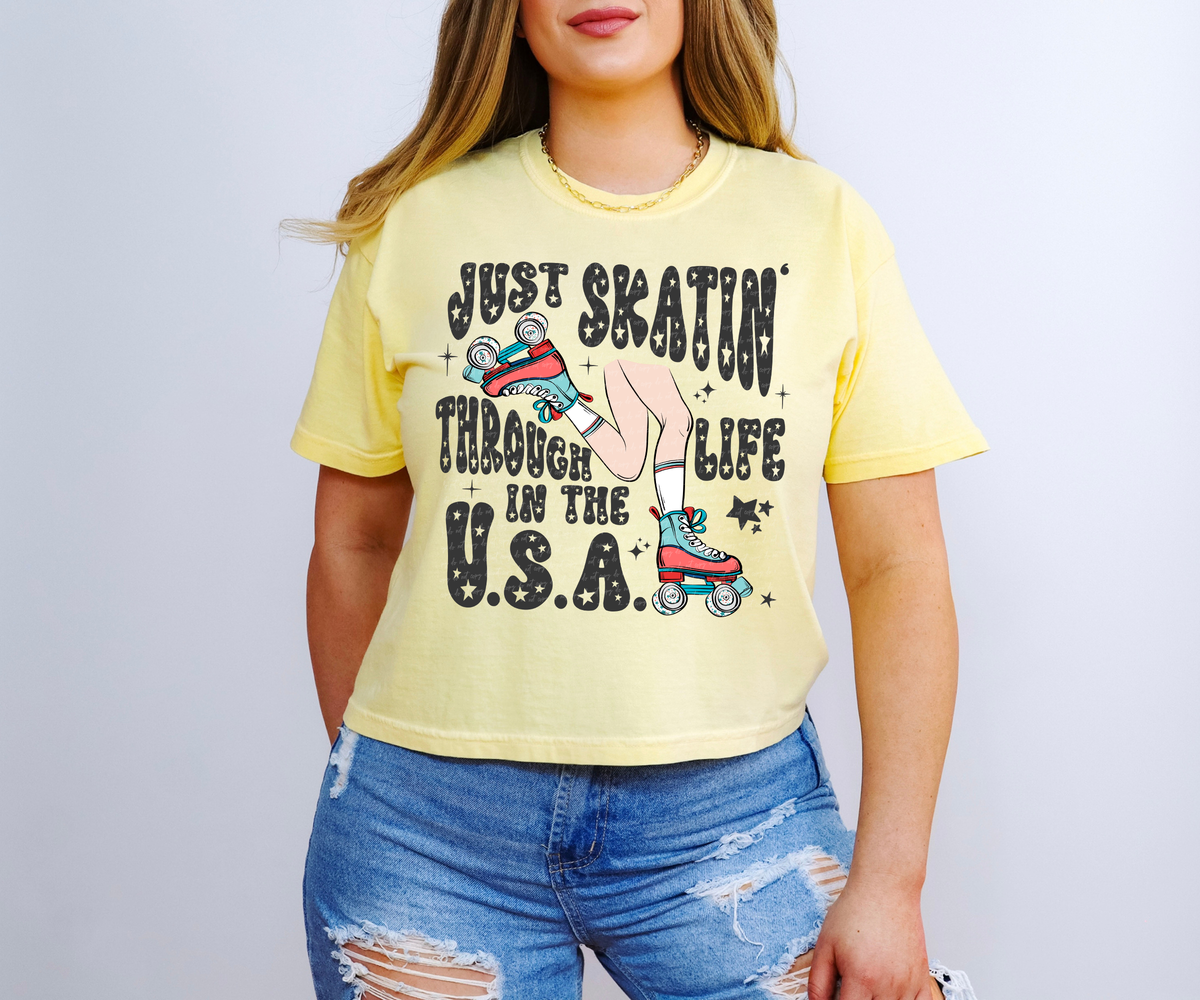 Just Skatin' Through Life In The USA Light Skin Tone Black Font 89228 DTF Transfer