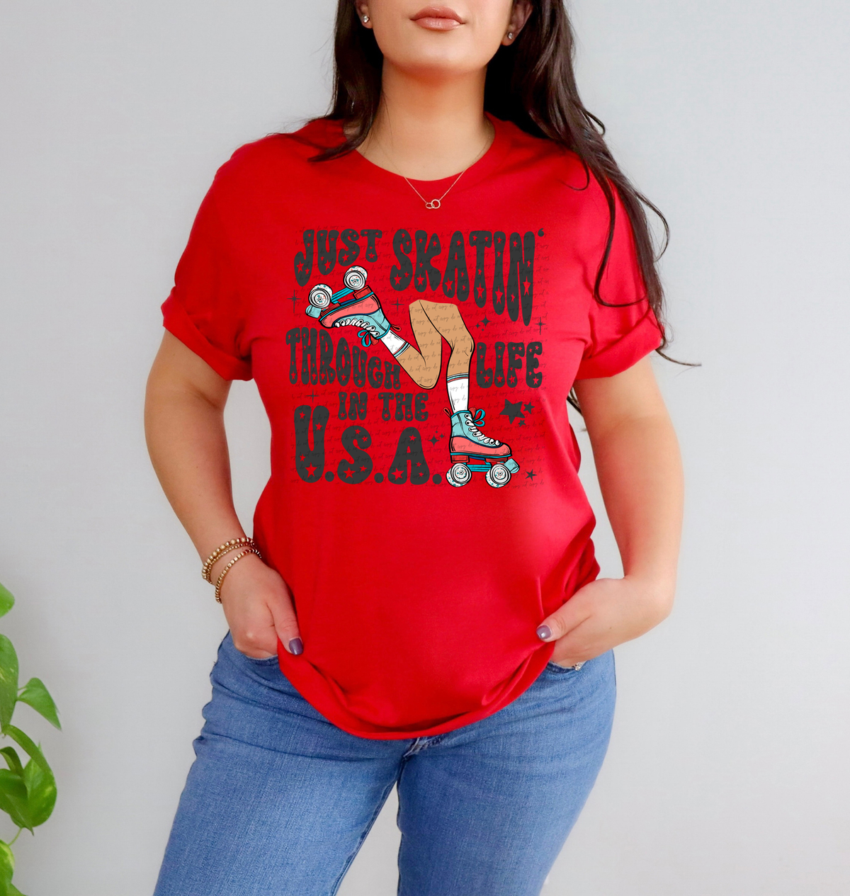 Just Skatin' Through Life In The USA Medium Dark Skin Tone Black Font 89230 DTF Transfer