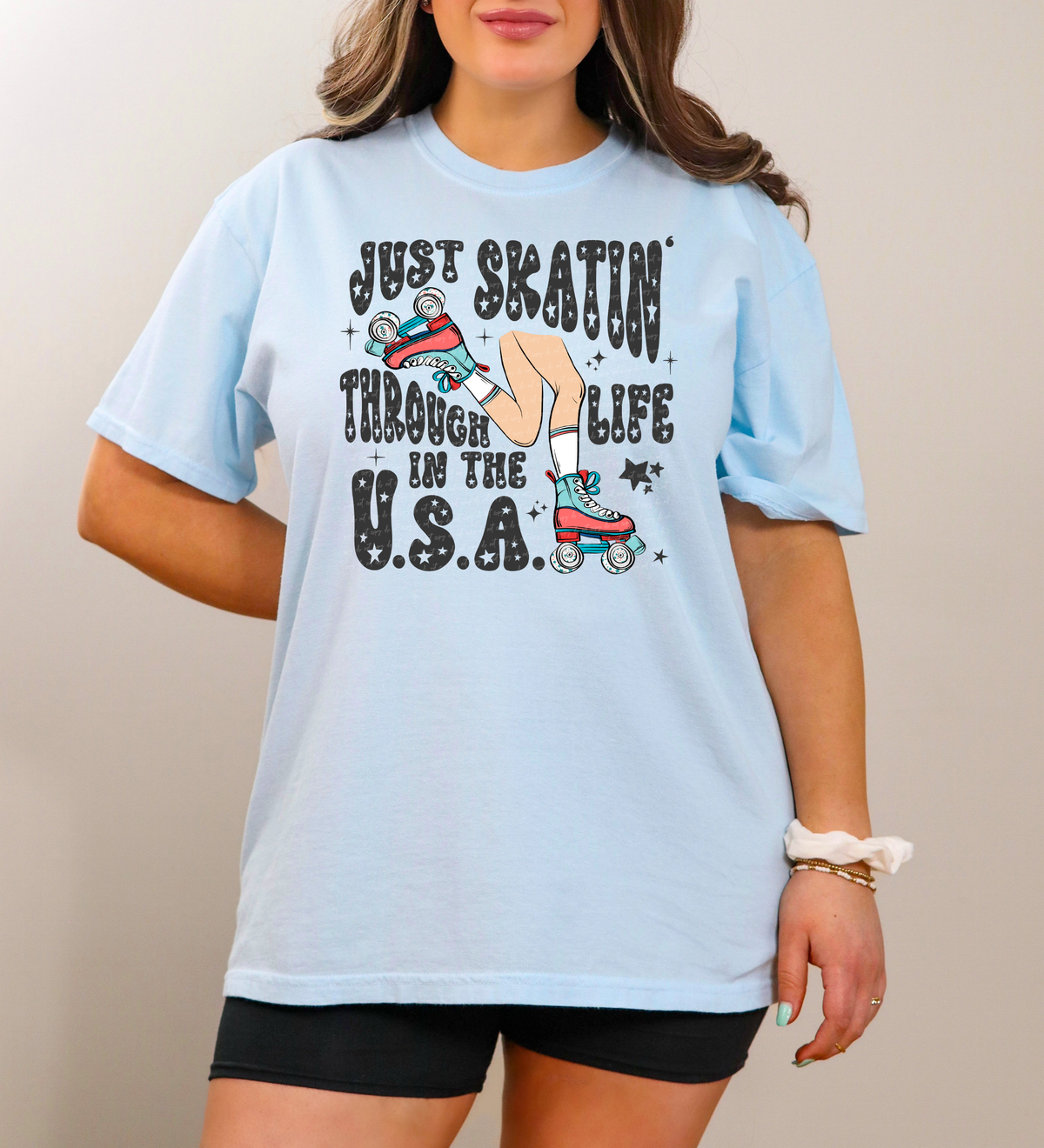 Just Skatin' Through Life In The USA Medium Light Skin Tone Black Font 89232 DTF Transfer