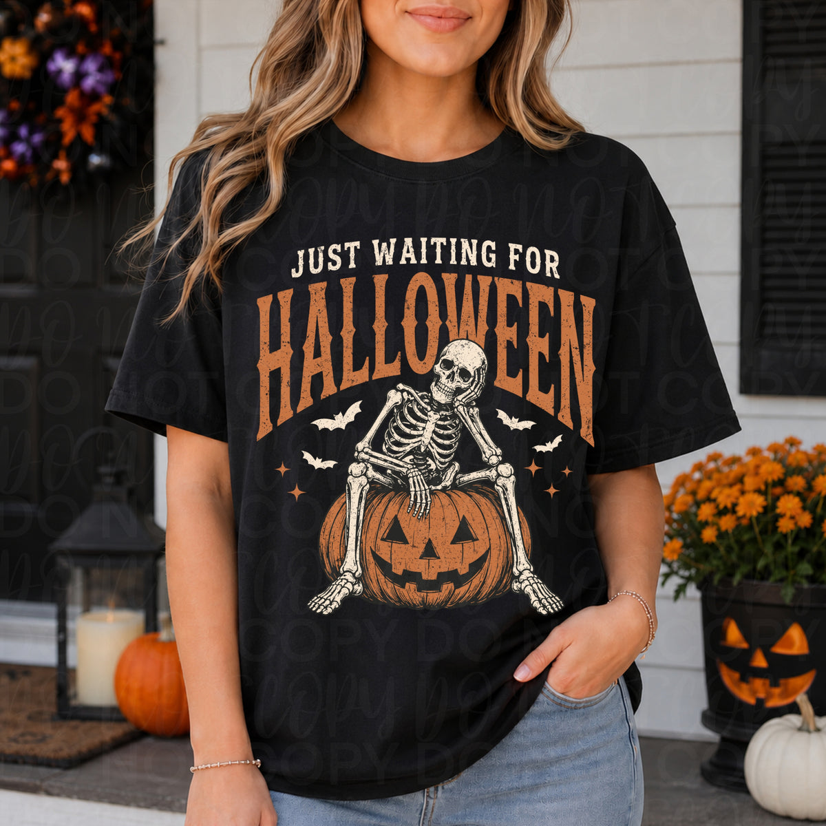 Just waiting for Halloween skeleton sitting on pumpkin (UAC) DTF Transfer