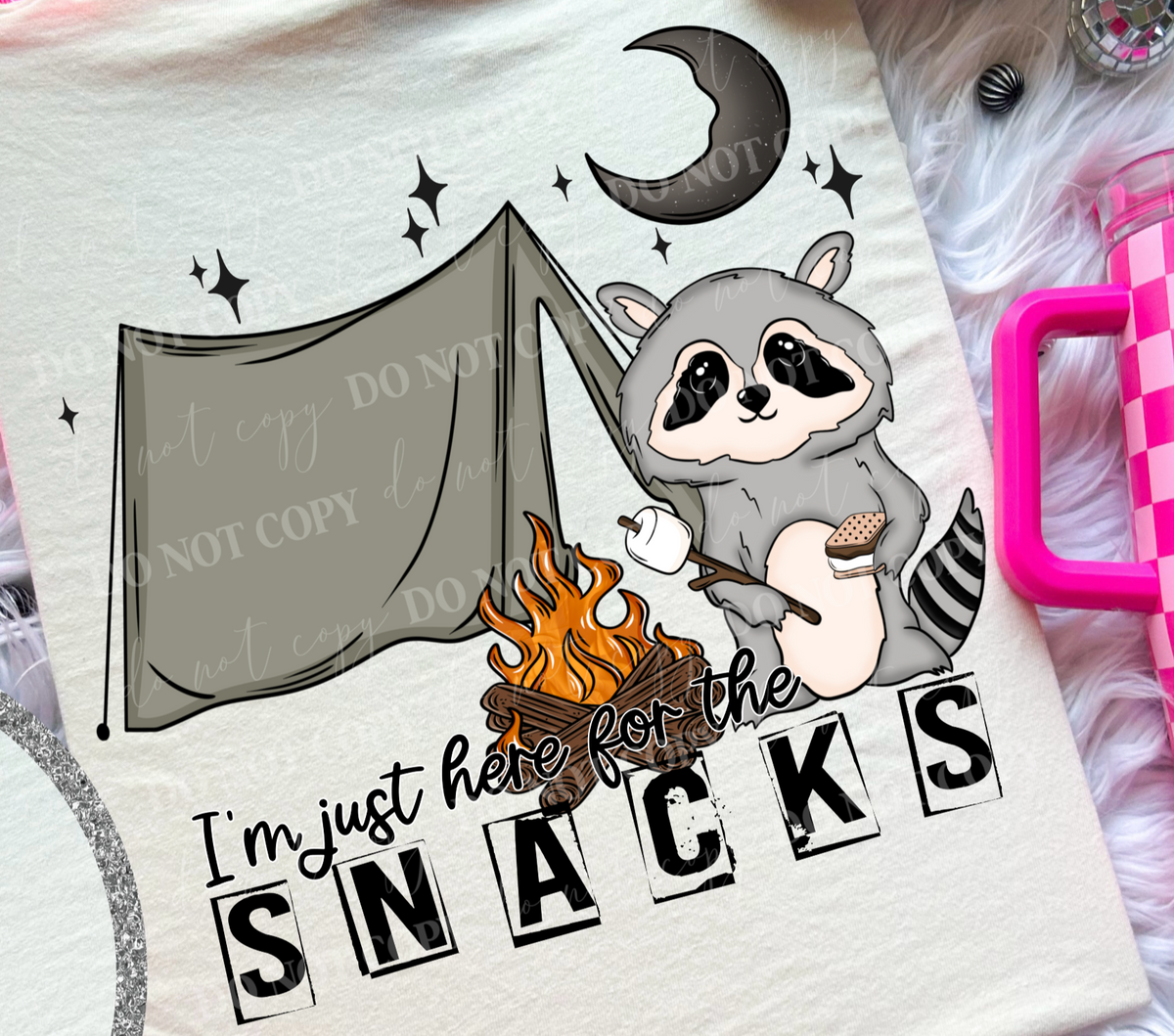 I'm just here for the snacks Racoon Camping (Linda) 101068 DTF transfer