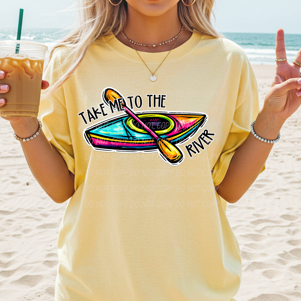 Take me to the river kayak blue and pink BLACK words (City) DTF Transfer