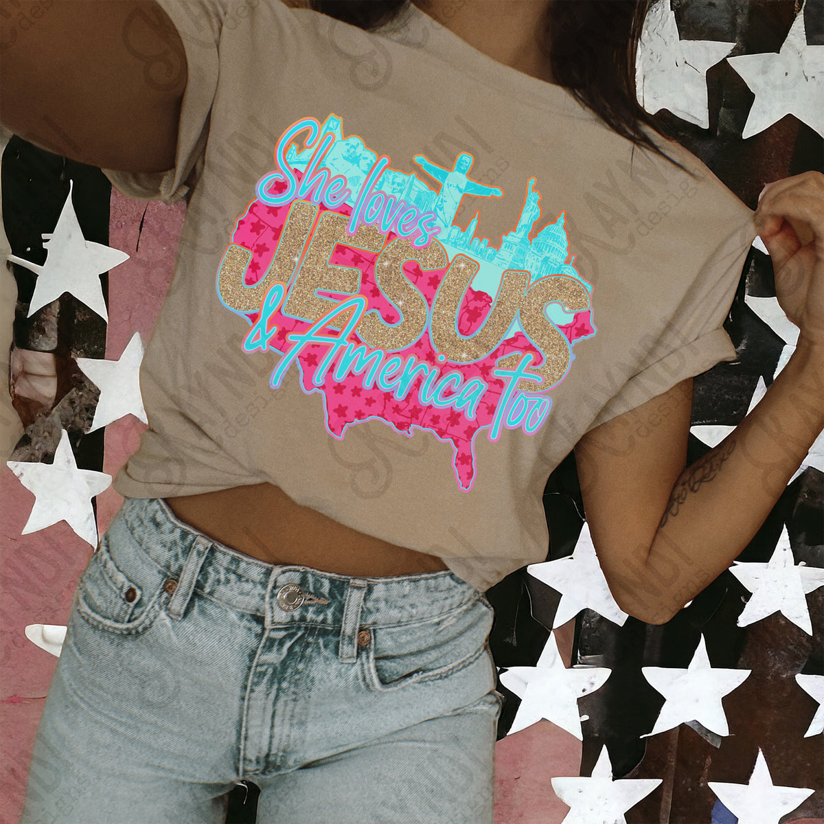 She loves Jesus and America too PINK USA (Kayndi) DTF Transfer