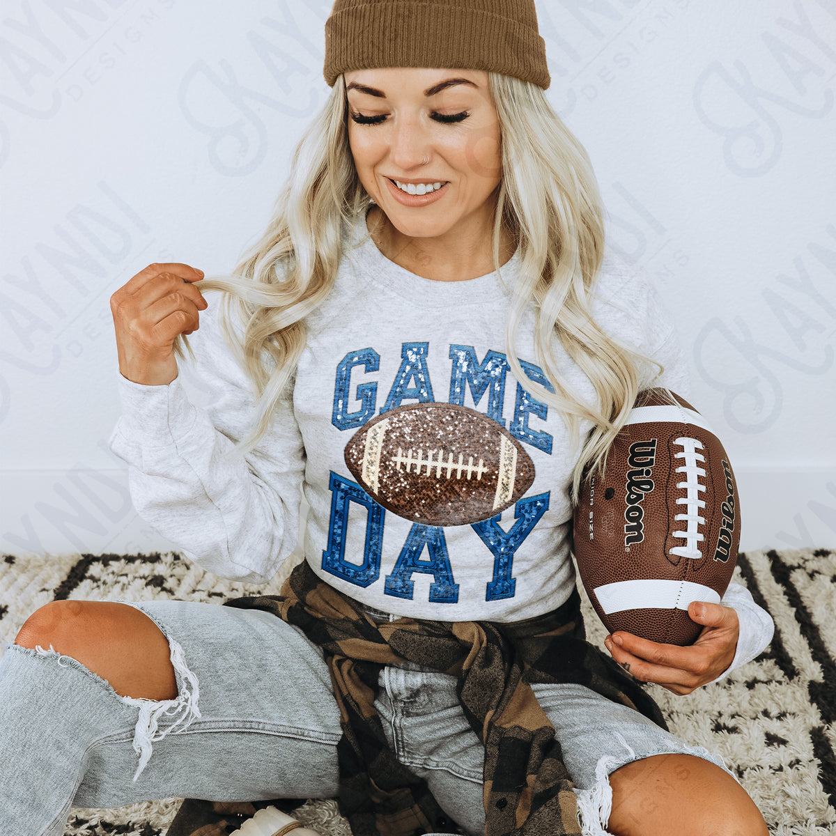 Game day football faux sequins BLUE (Kayndi) DTF Transfer