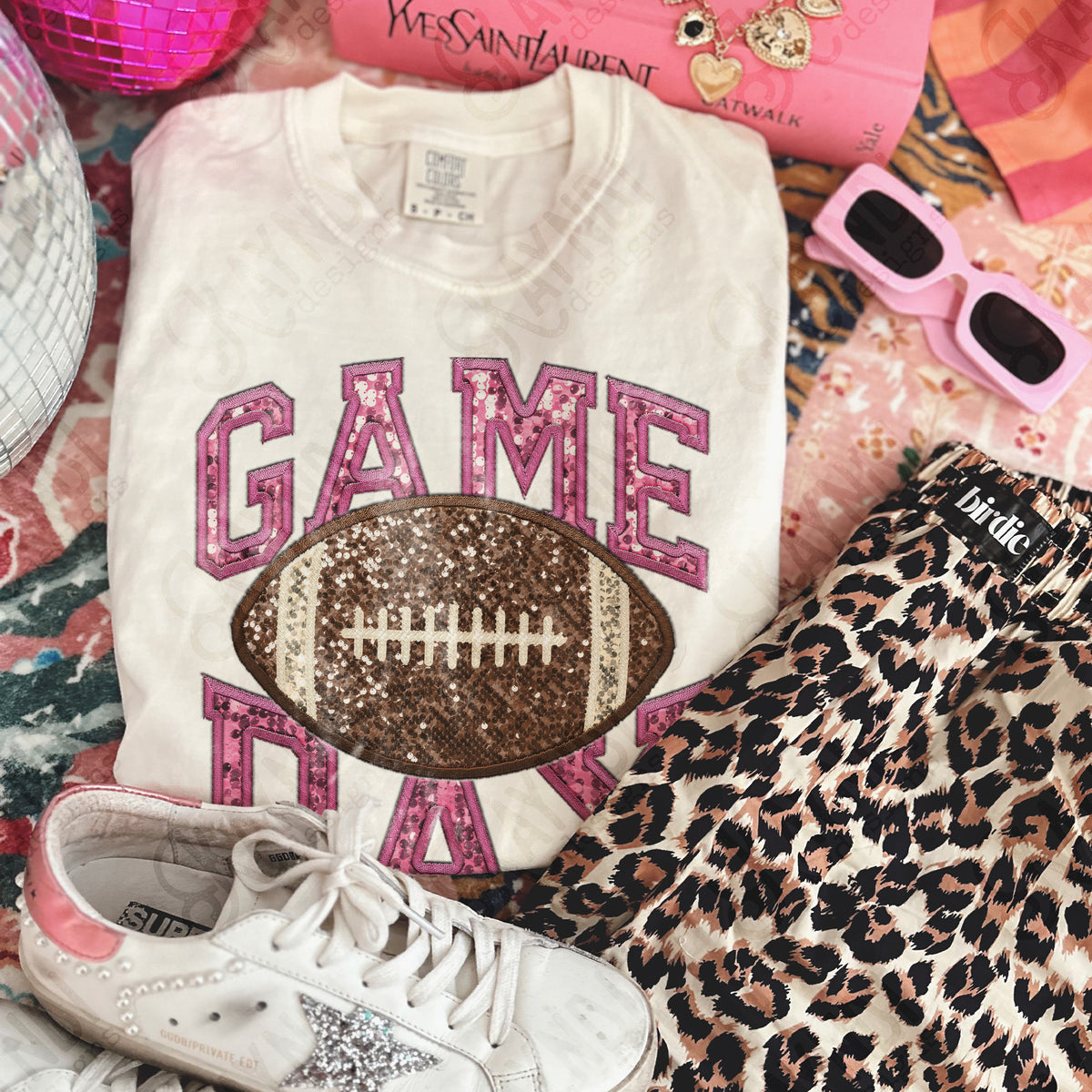 Game day football faux sequins PINK (Kayndi) DTF Transfer