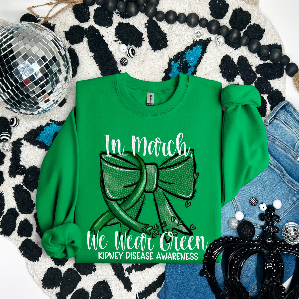 In March we wear Green Kidney White font DTF transfer