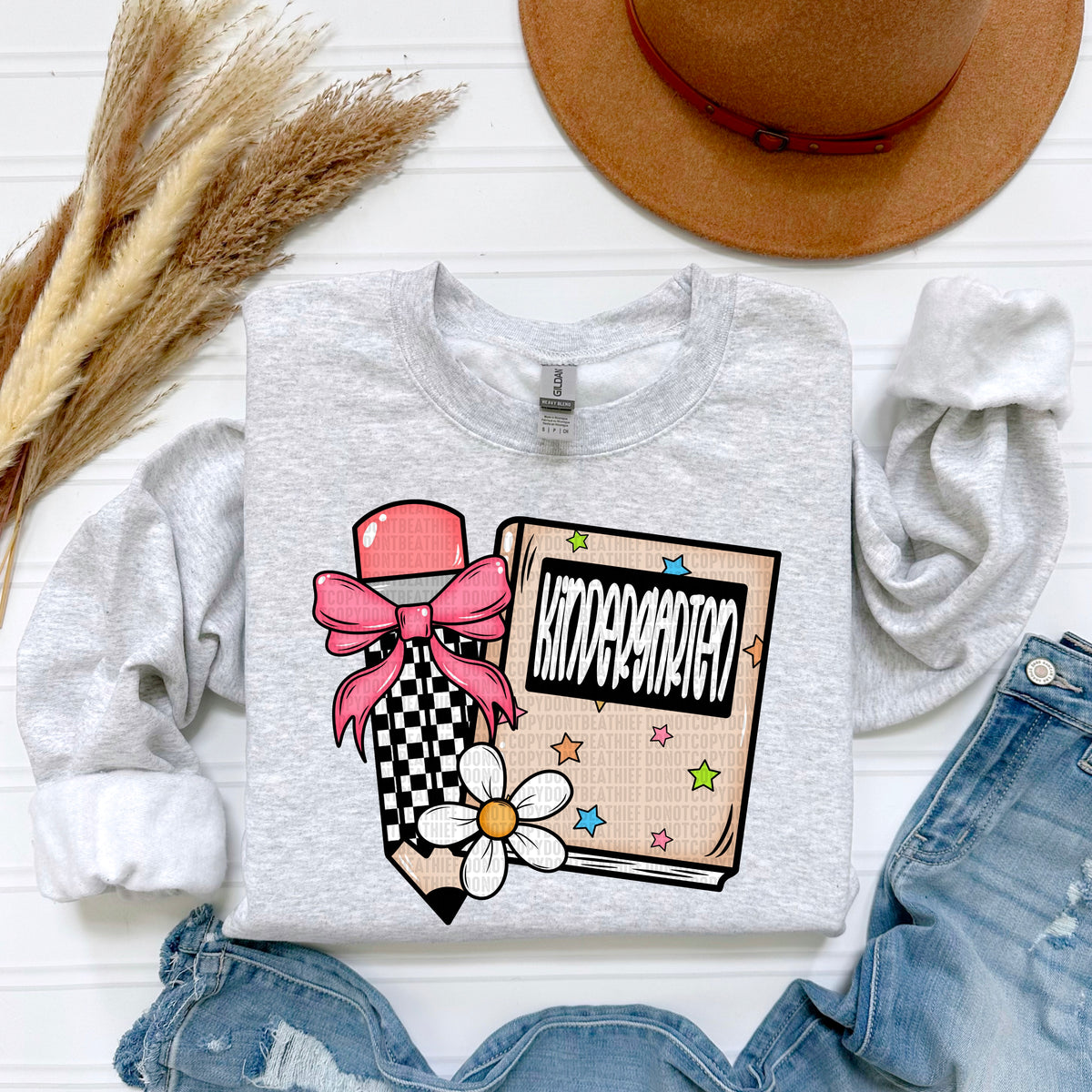 Kindergarten with checkered pencil with bow beige book dtf transfer