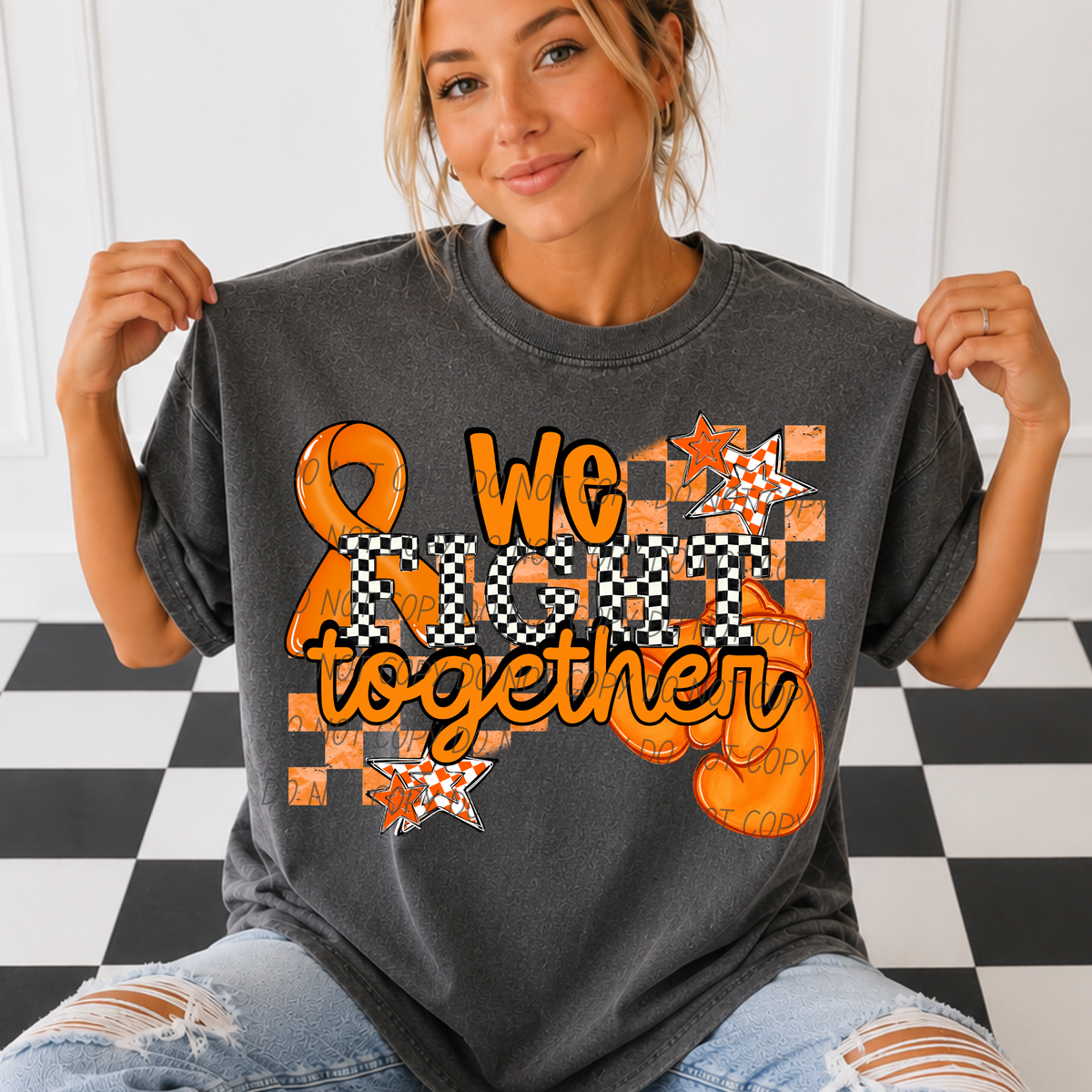 We fight together-black/white checkered font (CITY) DTF Transfer