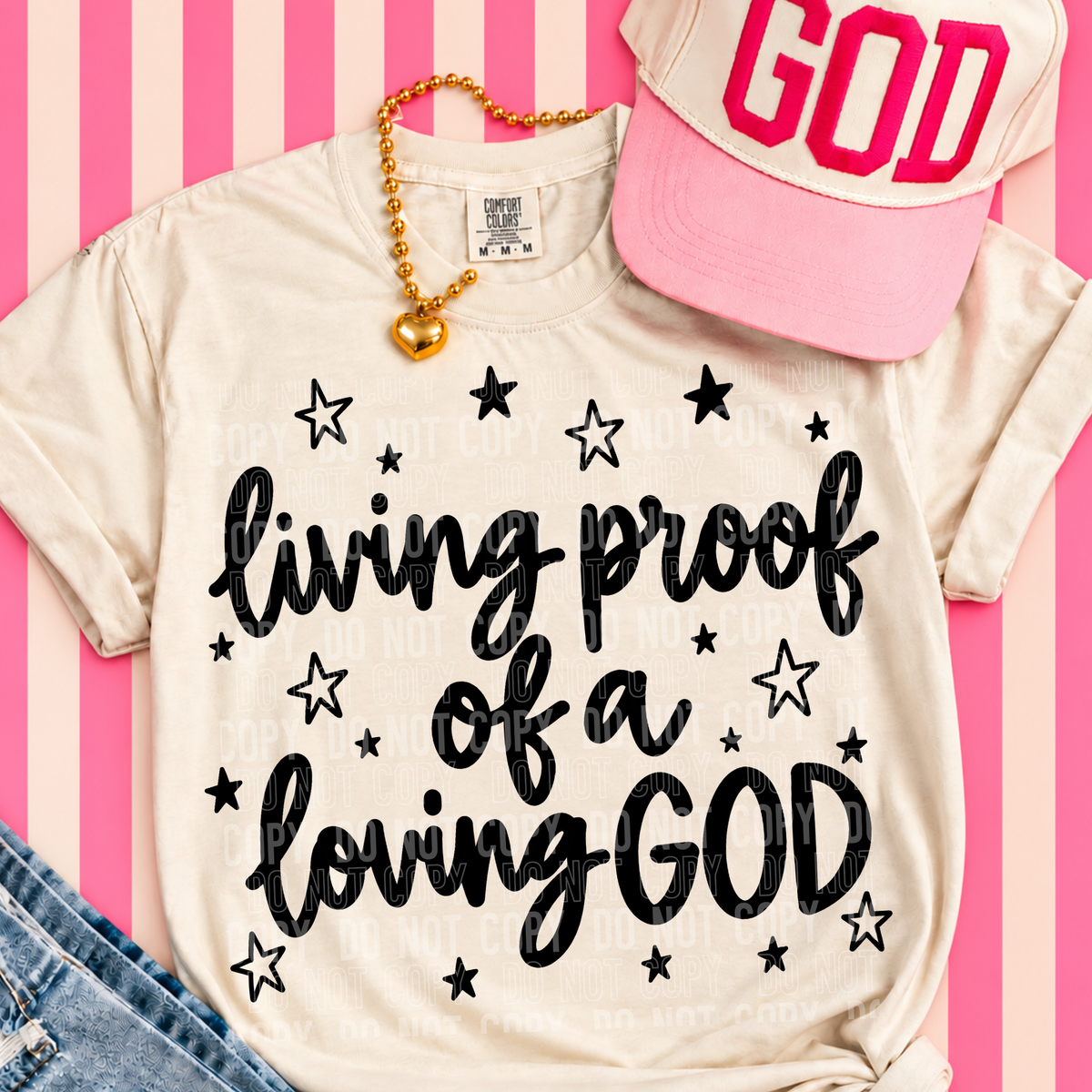 Living proof of a loving god BLACK cursive with stars (SBB) DTF Transfer