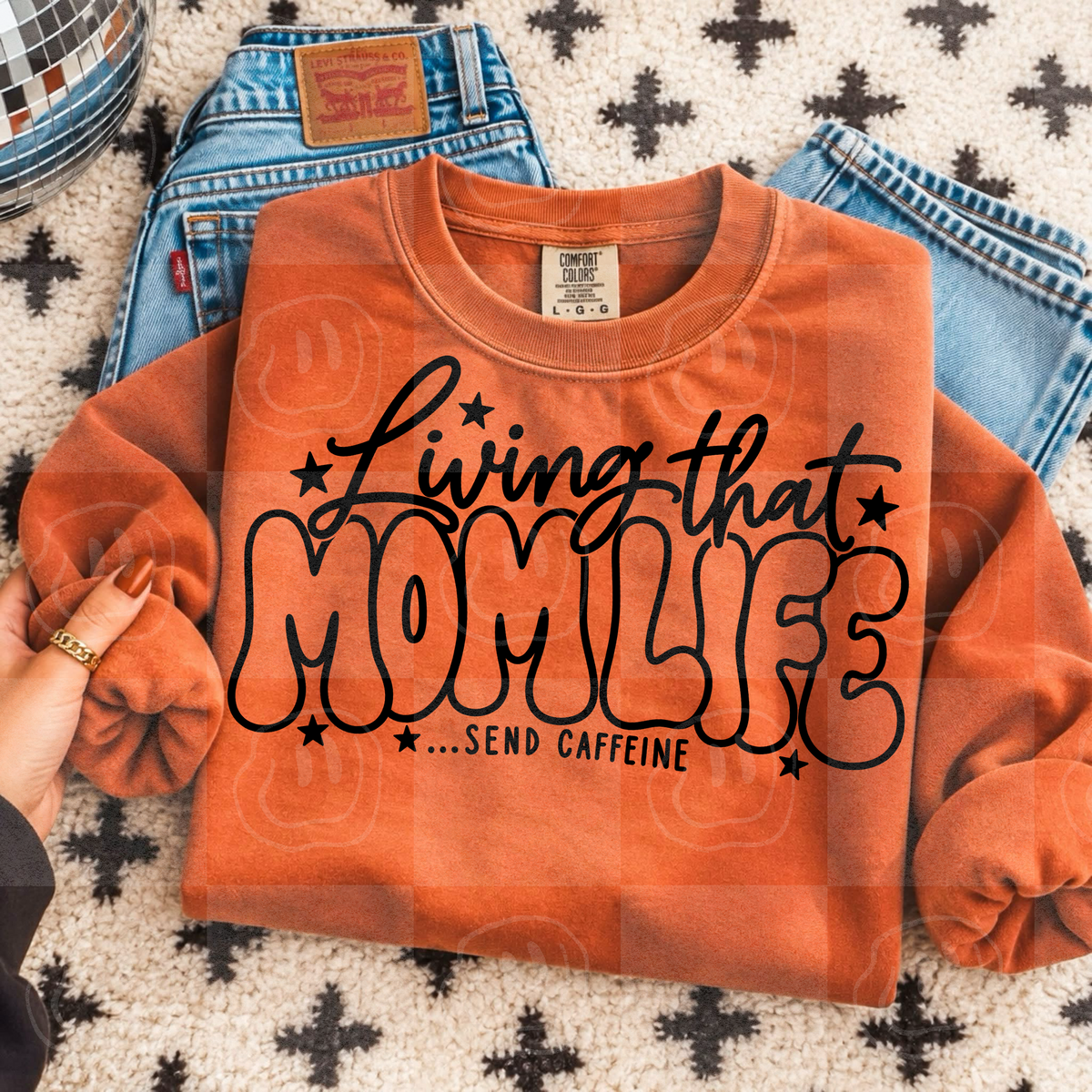 Living that mom life send caffeine black bubble letters (Unhinged) DTF Transfer
