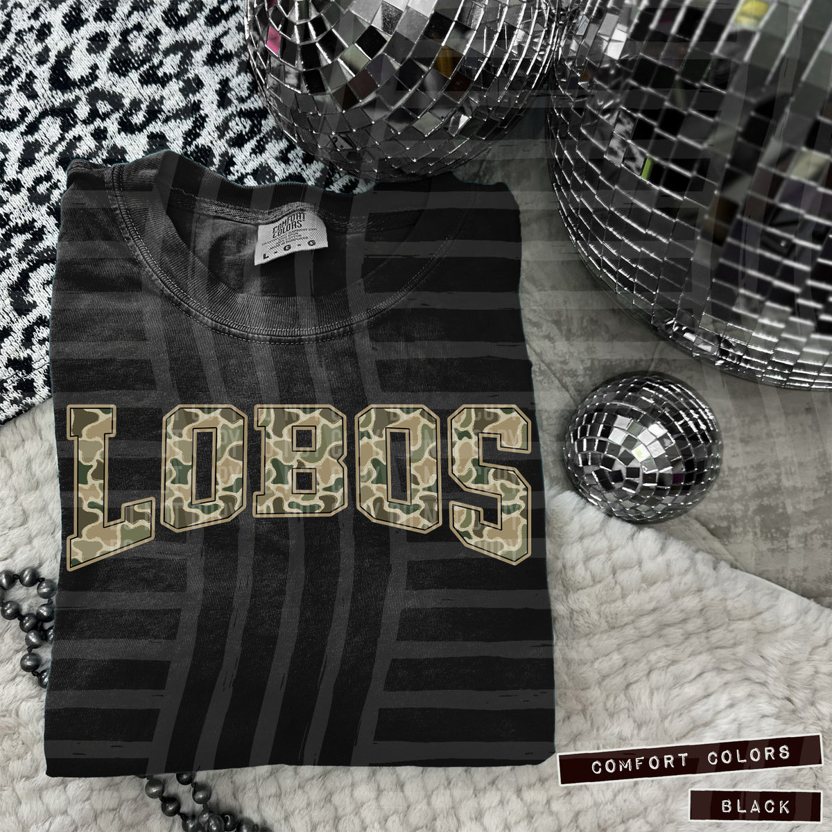 Lobos faux glitter camo arched (Caplinger) DTF transfer