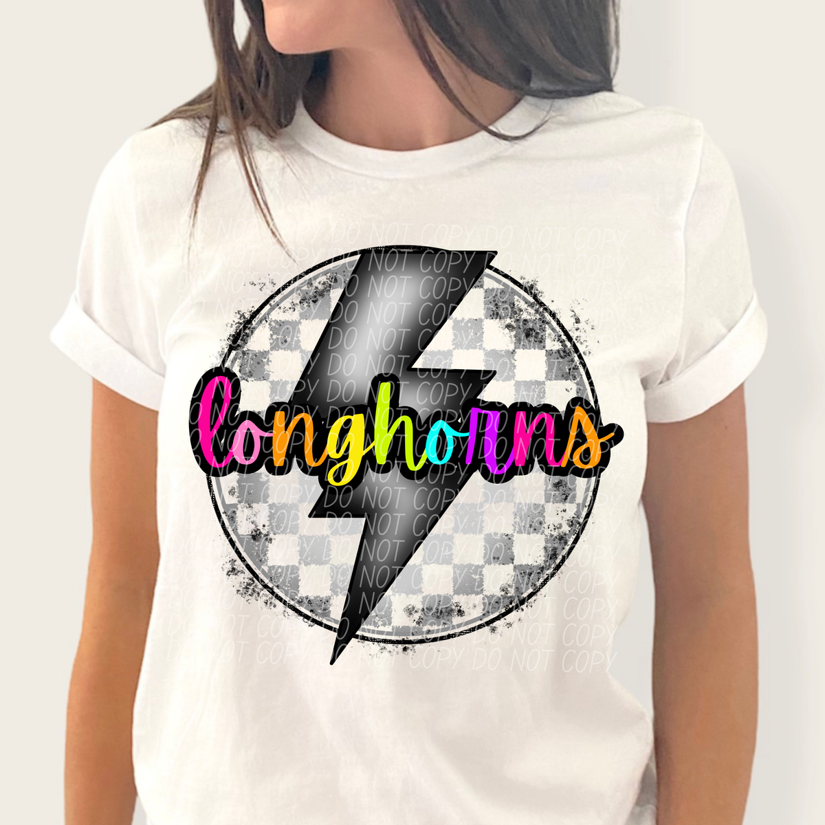 Longhorns BRIGHT COLORS FONT lightning bolt circle CITY DTF transfer