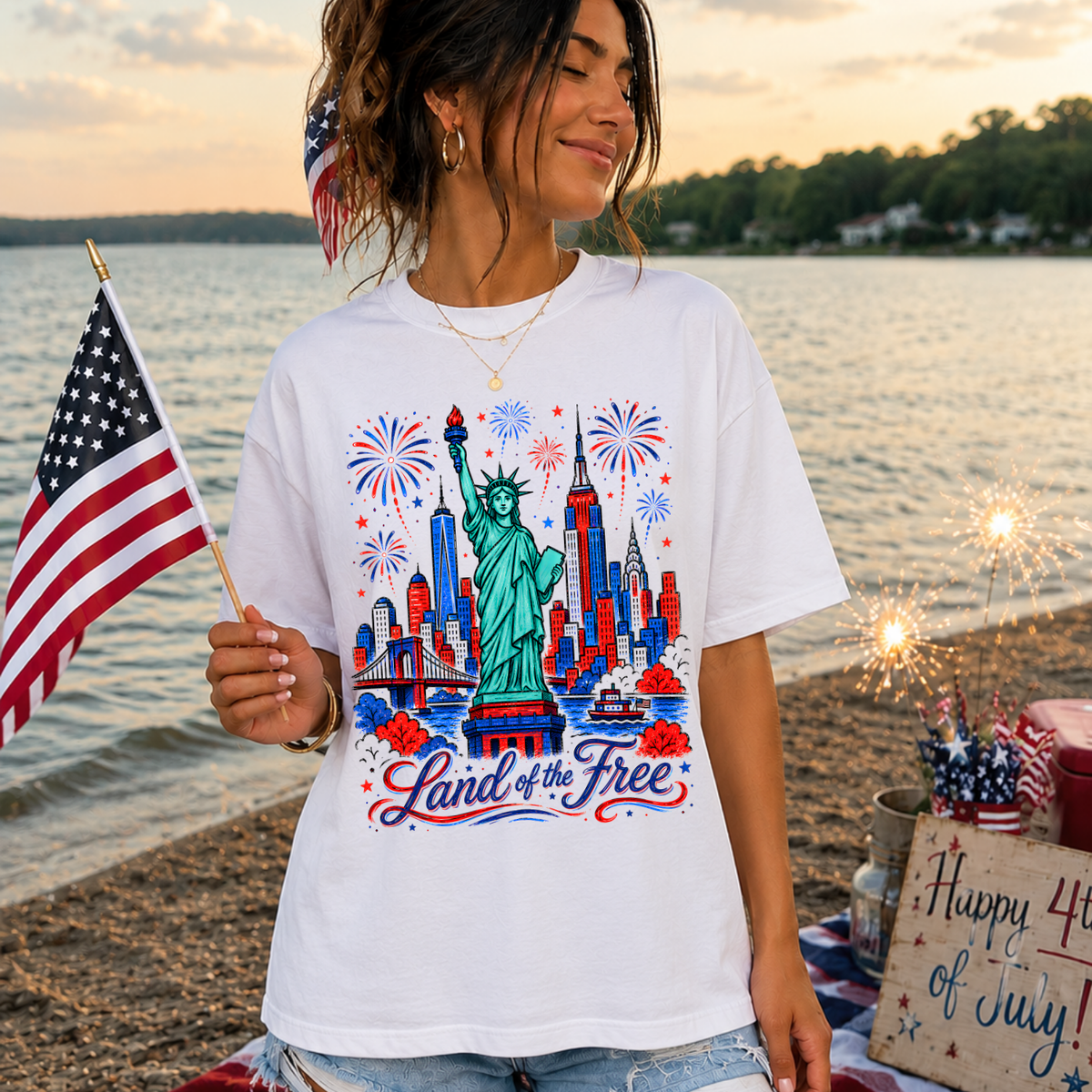 Lady liberty fireworks land of the free (Parker) DTF Transfer
