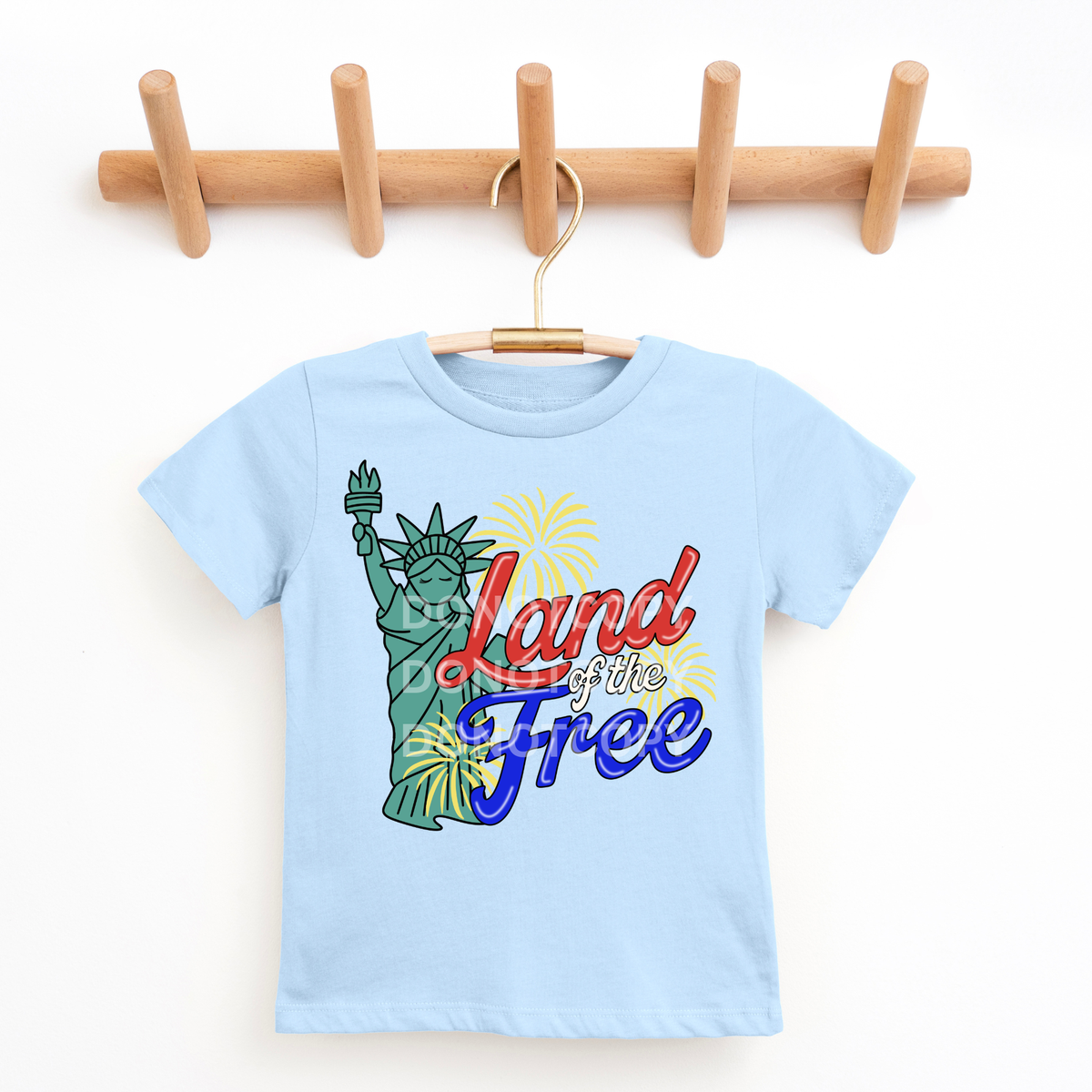 land of the free red white and blue font with liberty and yellow fireworks (CSG) DTF Transfer
