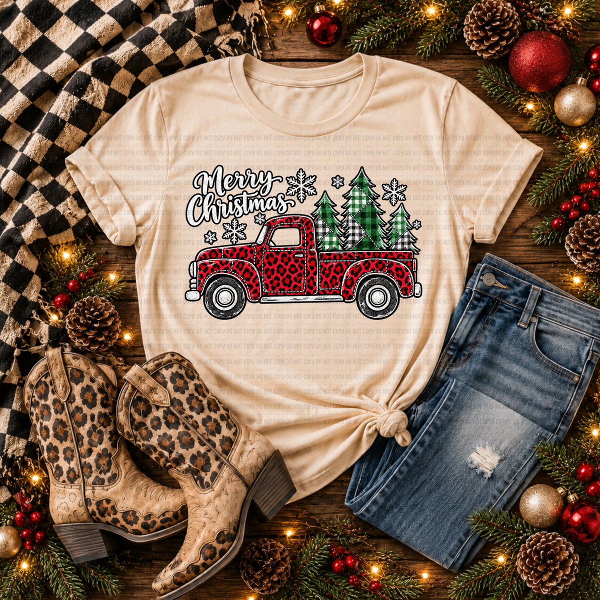 Red Leopard Truck with Plaid Trees- Merry Christmas (Revel) DTF Transfer