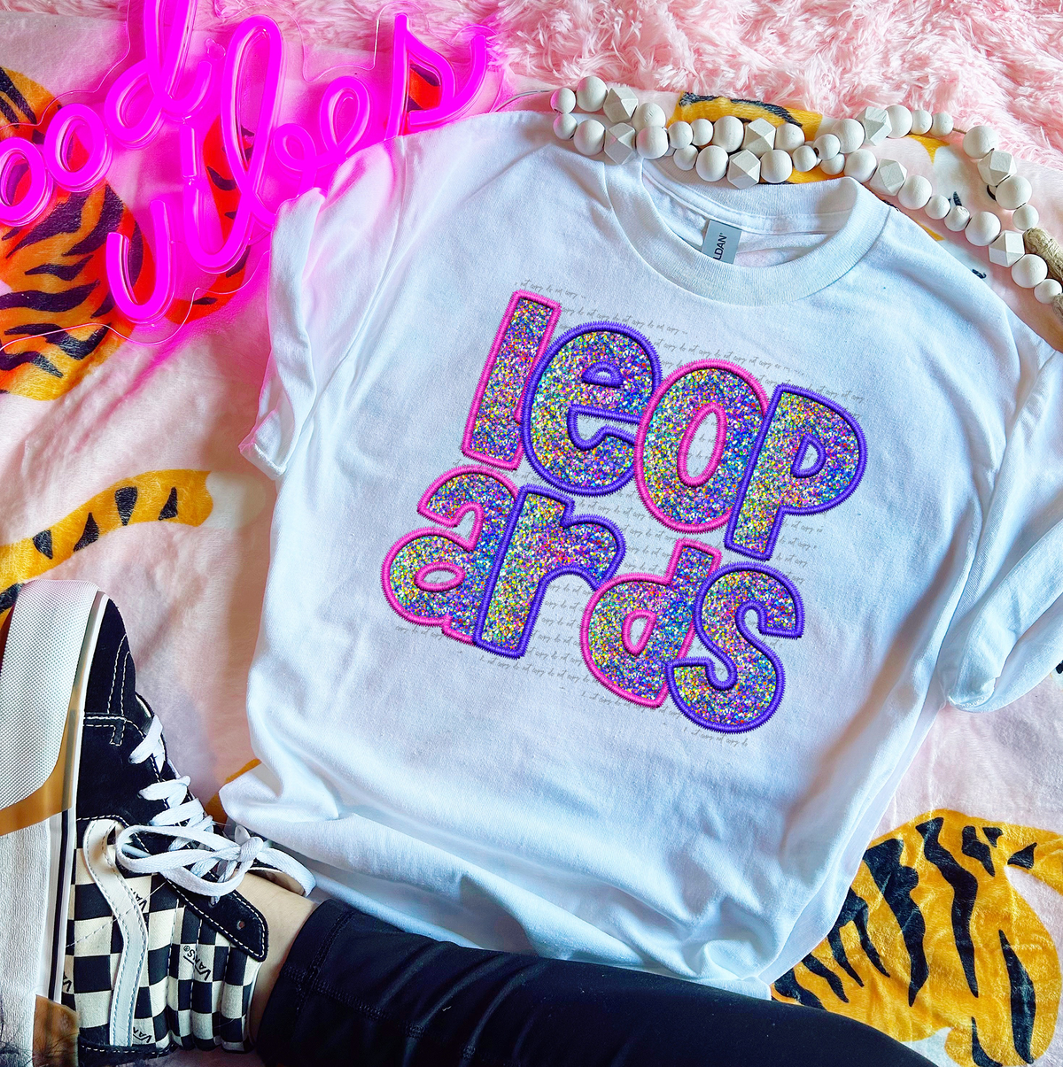 Leopards Faux Embroidery Pink Blue 76067 DTF Transfer