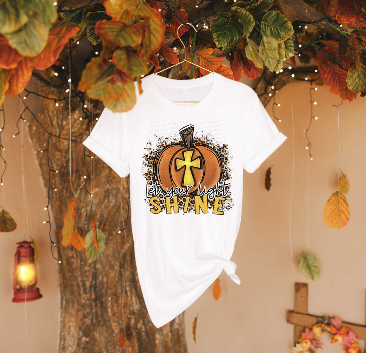 Let Your Light Shine Pumpkin with Cross Leopard Print Background 115060 DTF Transfer