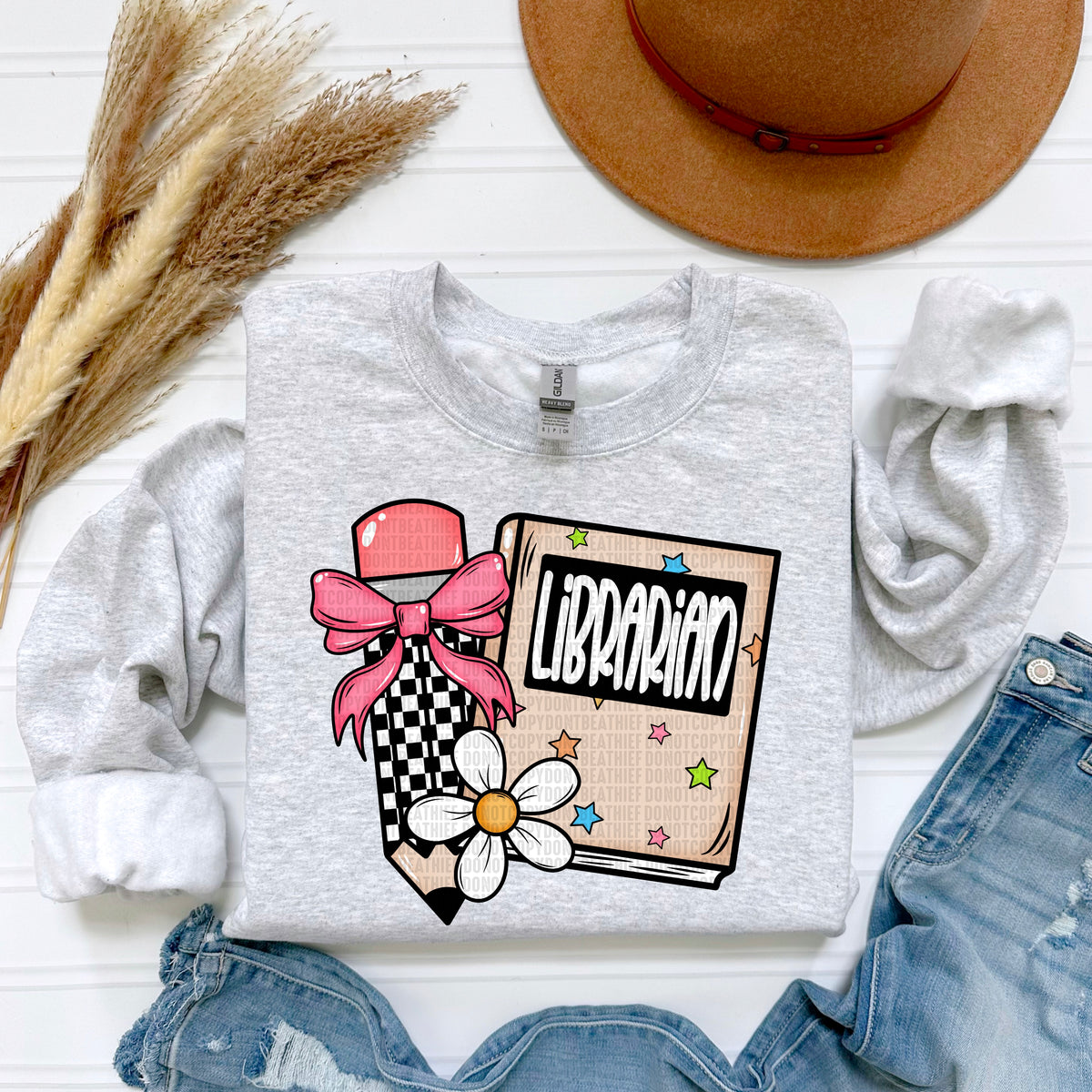 Librarian with checkered pencil with bow beige book dtf transfer
