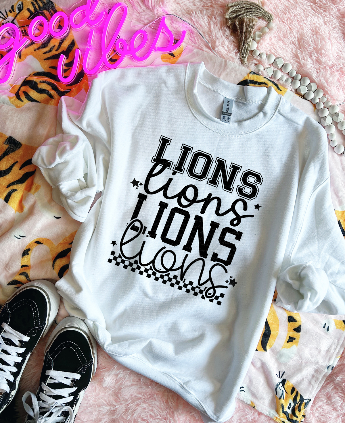 Lions Varsity And Cursive Font Checkers Black 86626 DTF Transfer