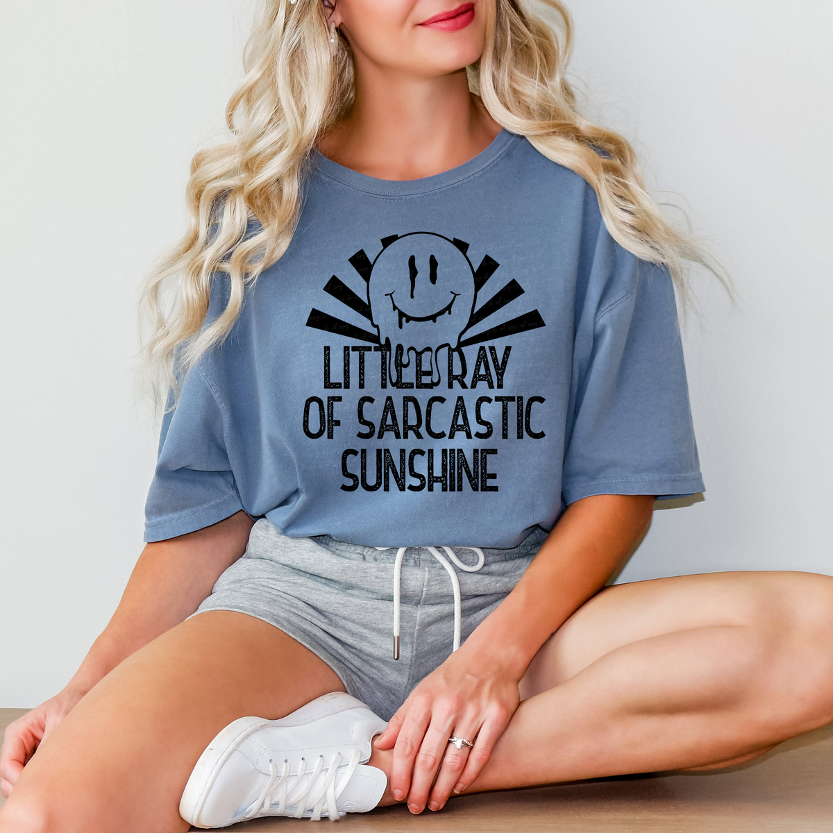Little Ray Of Sarcastic Sunshine Drippy Smiley Black Font 114726 DTF transfer