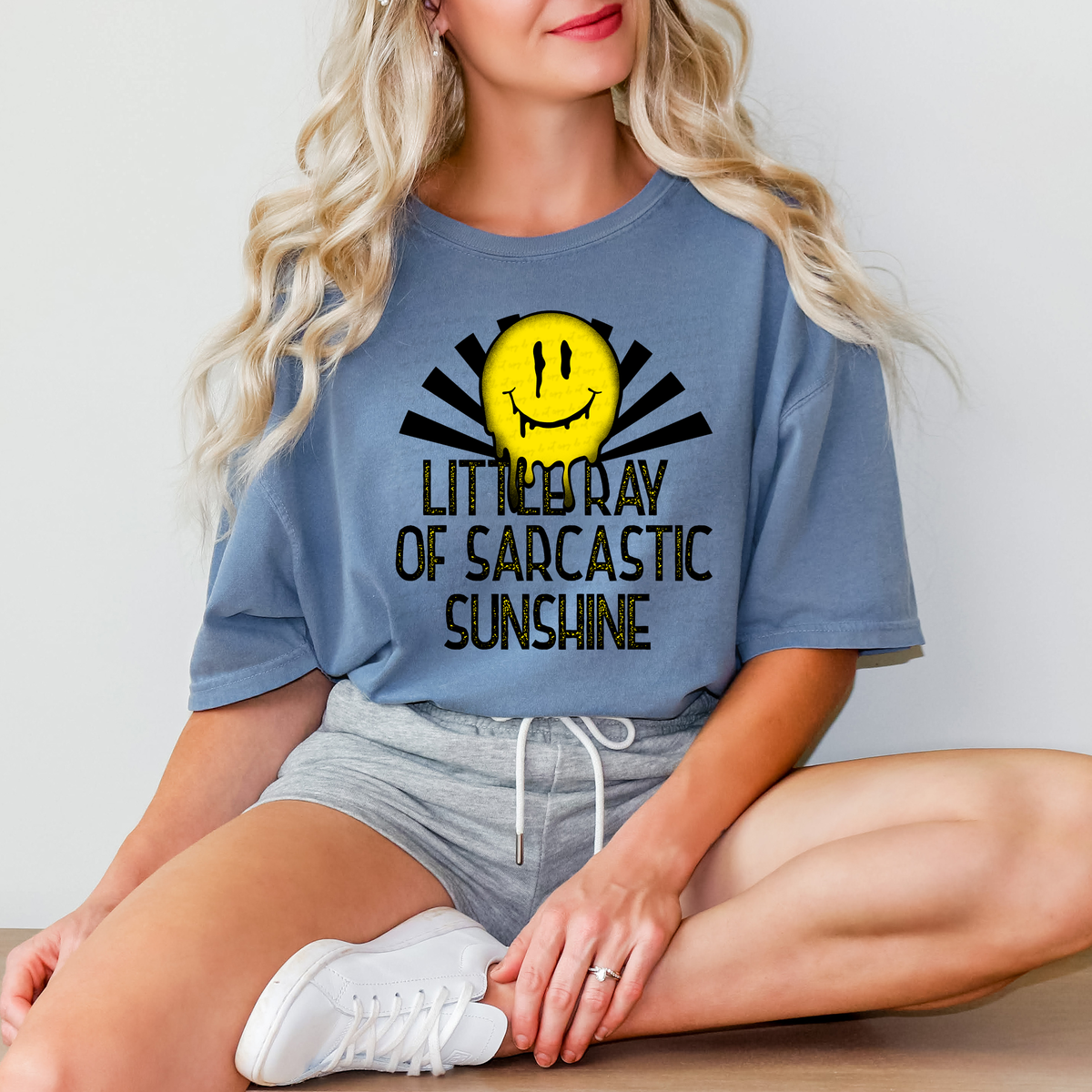 Little Ray Of Sarcastic Sunshine Drippy Smiley Yellow Font 114727 DTF transfer