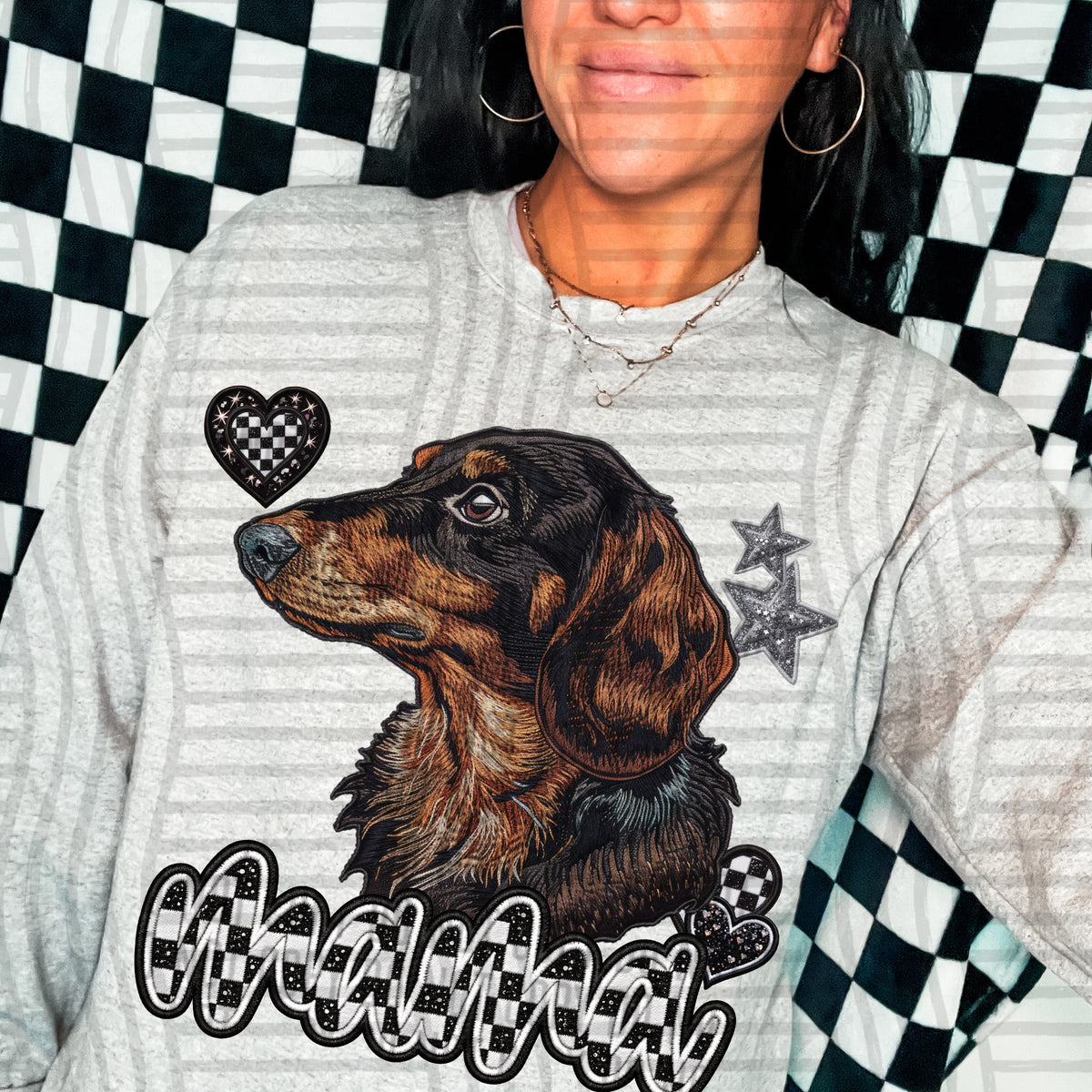 Long hair dachshund 1 mama checkered font (DKD) DTF Transfer