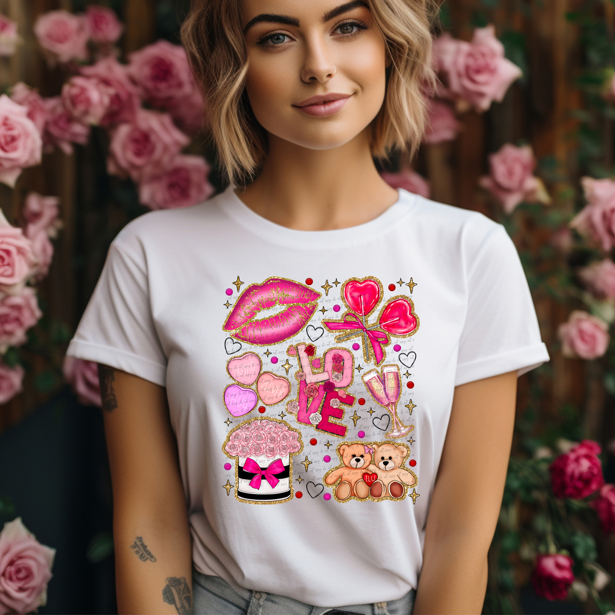 Love Hearts Lips Drink Bear Flowers 76461 DTF Transfer