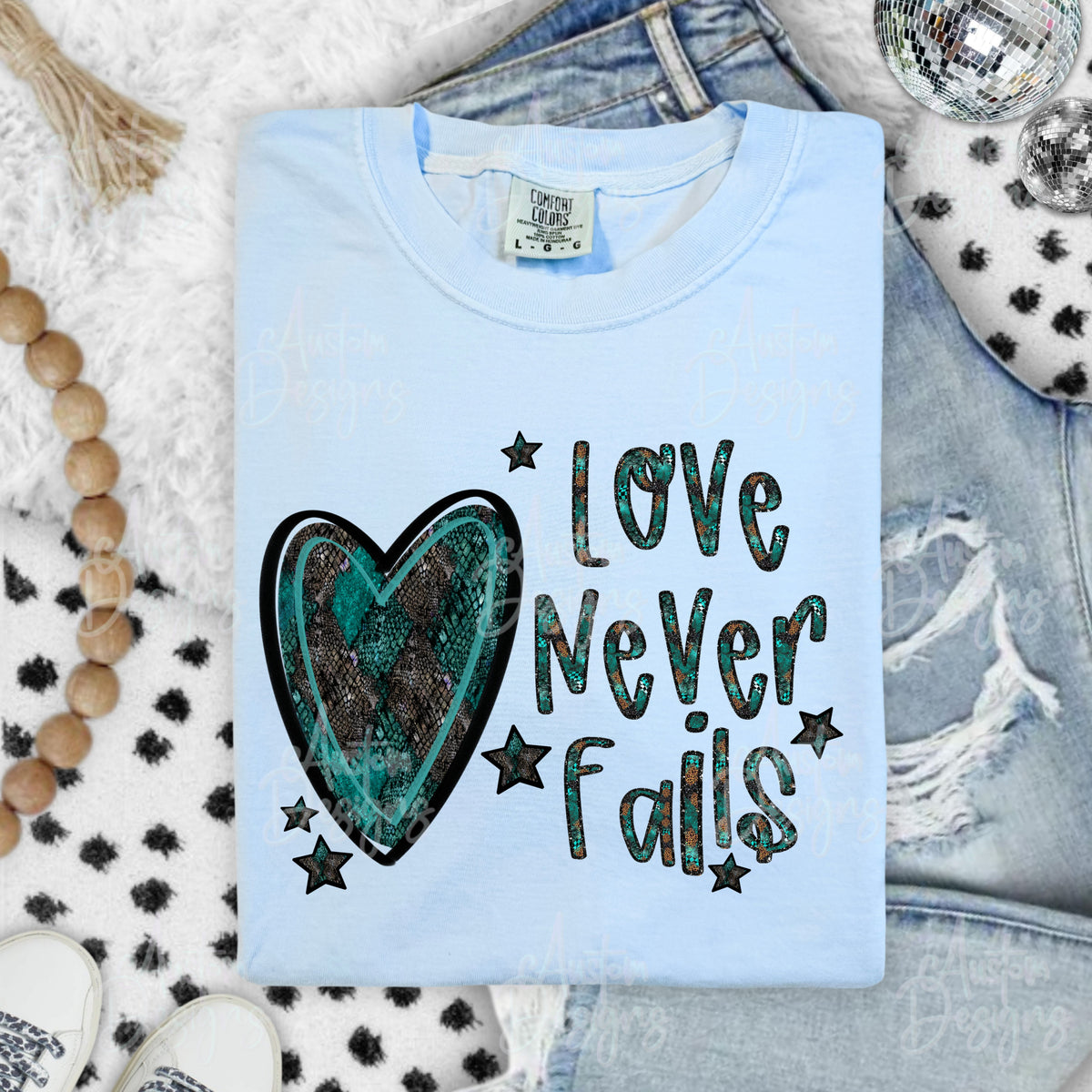 Love never fails teal heart DTF Transfer