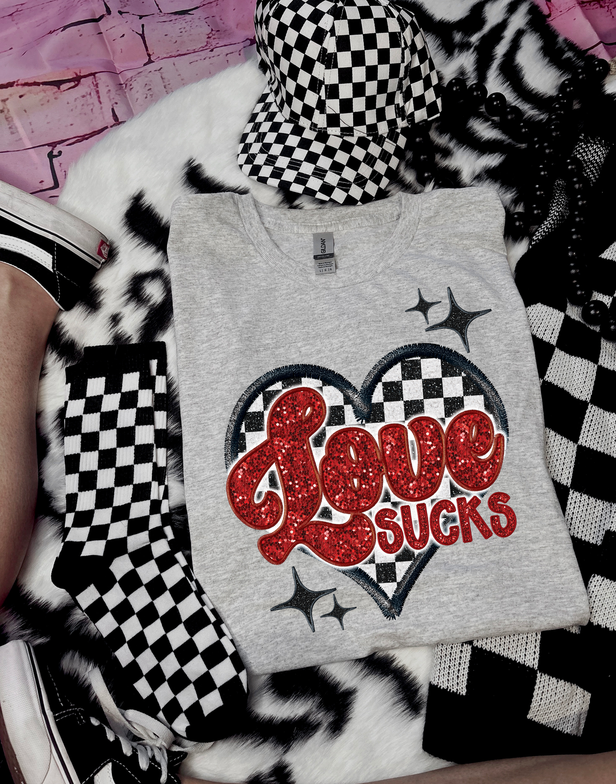 Love Sucks Checkered Heart Faux Sequin 111464 DTF transfer