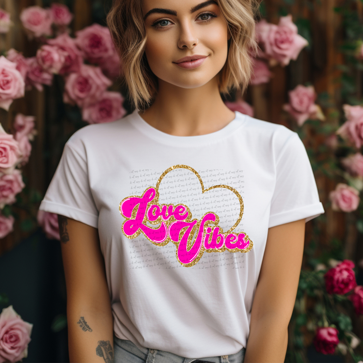 Love Vibes Pink Gold Heart 76466 DTF Transfer