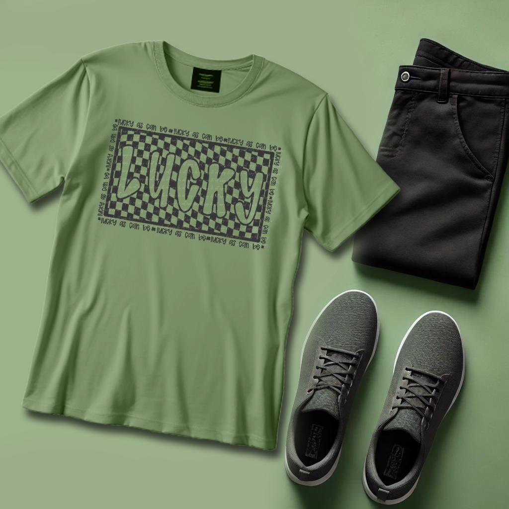 Lucky As Can Be Checkered Background Grey 86706 DTF Transfer