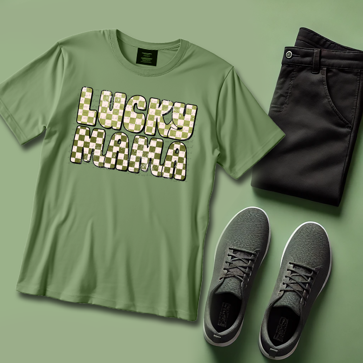 Lucky Mama Green Checkered Grunge 89273 DTF Transfer