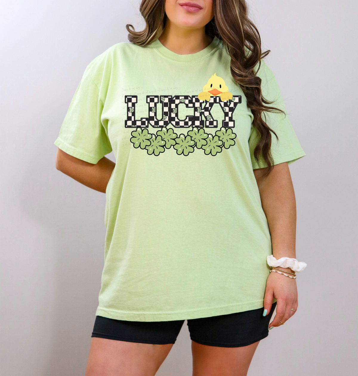 Lucky Checkered Font Duck Scattered Clover Leaves 117830 DTF transfer