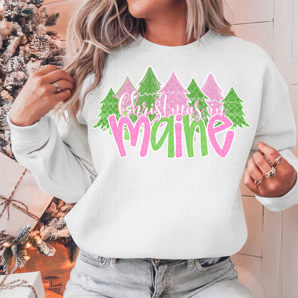 Christmas In Maine Green Pink White Outline 74270 DTF Transfer