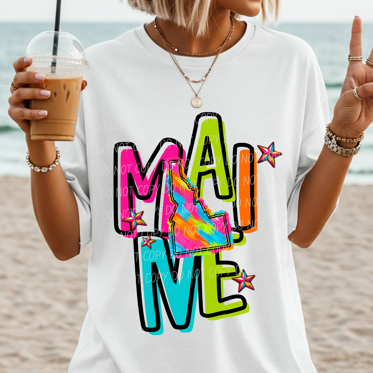 maine neon rainbow stacked font (city) DTF transfer