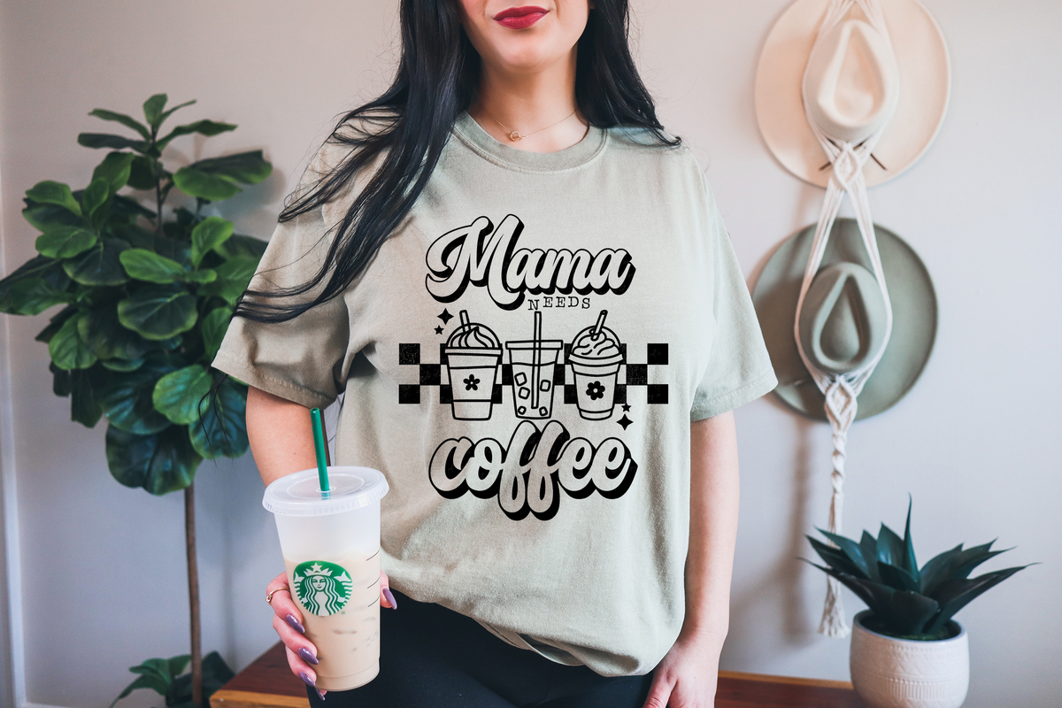 Mama Needs Coffee Black Font Checkered Trio Cups 116579 DTF Transfer