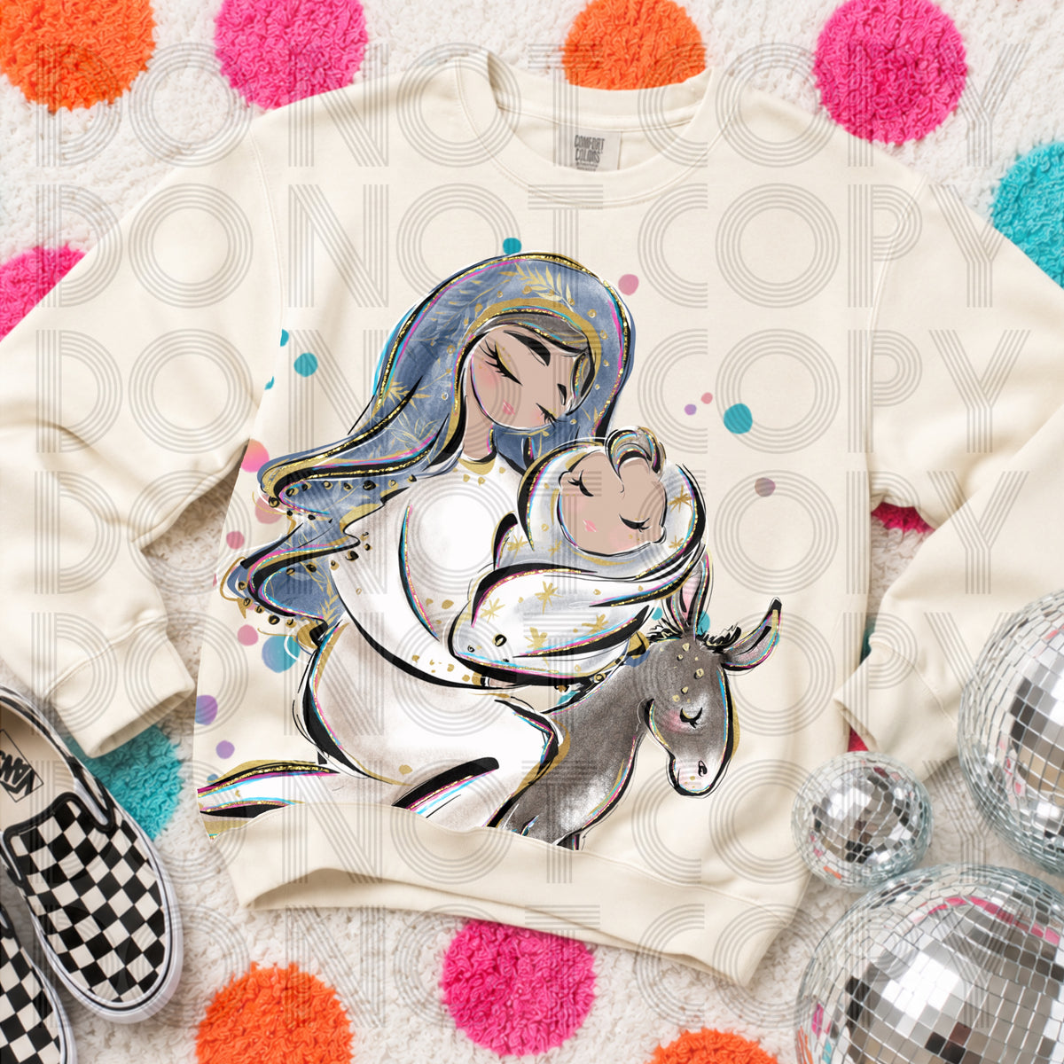 Mary holding baby Jesus on donkey (Renewed) DTF Transfer