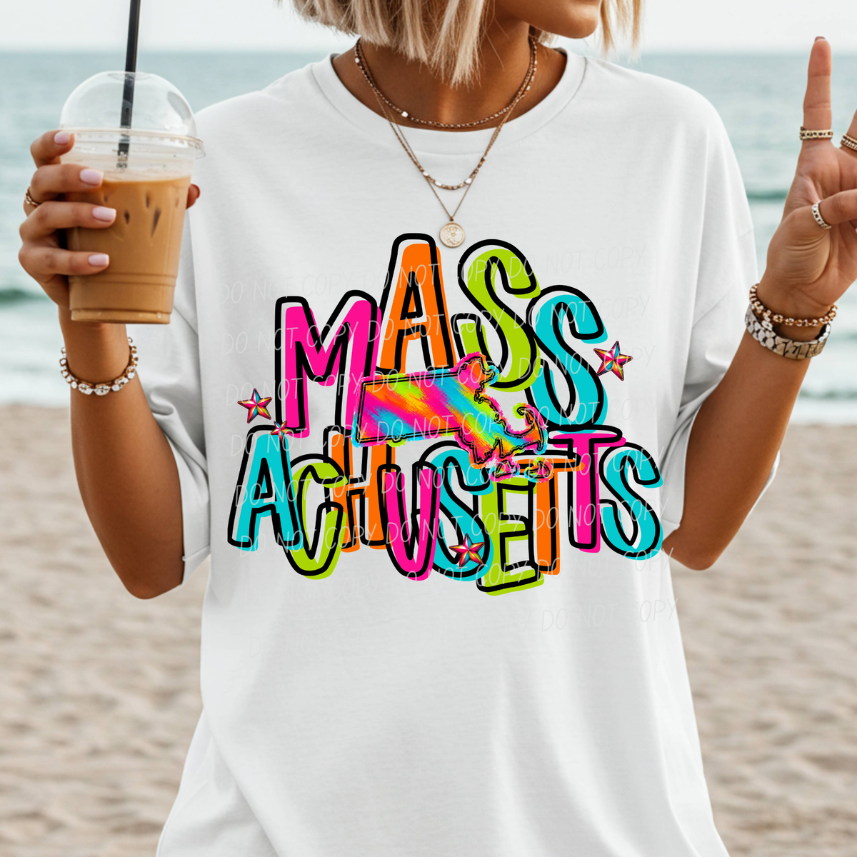 massachusetts neon rainbow stacked font (city) DTF transfer