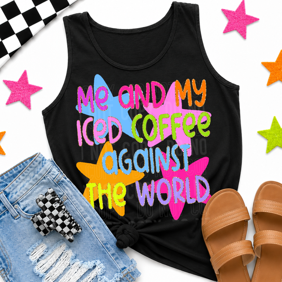 Me and my iced coffee against the world PINK BLUE ORANGE stars (SBB) DTF Transfer