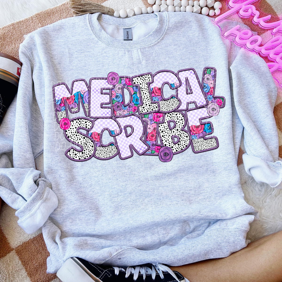 Medical Scribe Floral Purple Checkered (CITY) DTF transfer