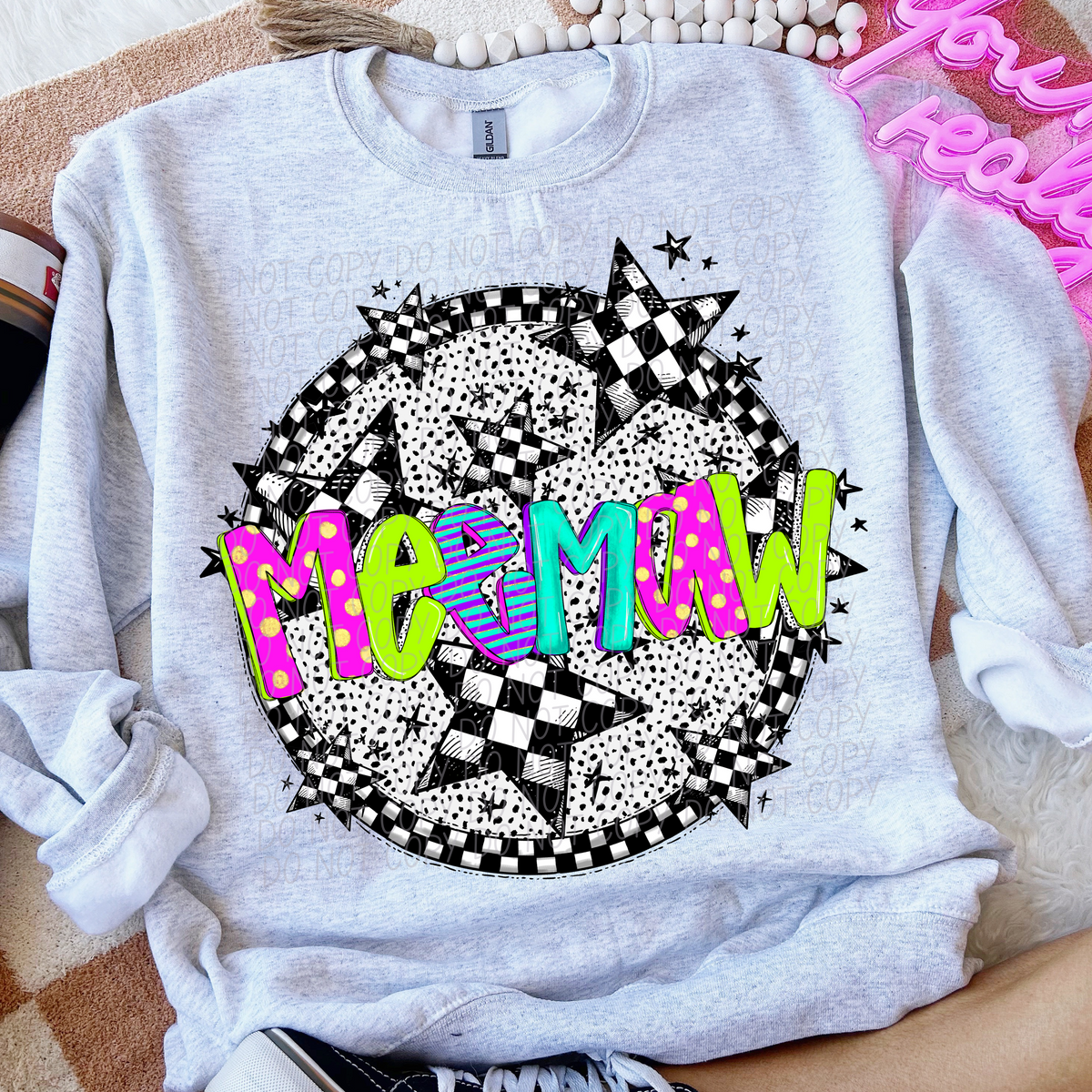 Meemaw neon checkered CITY DTF transfers
